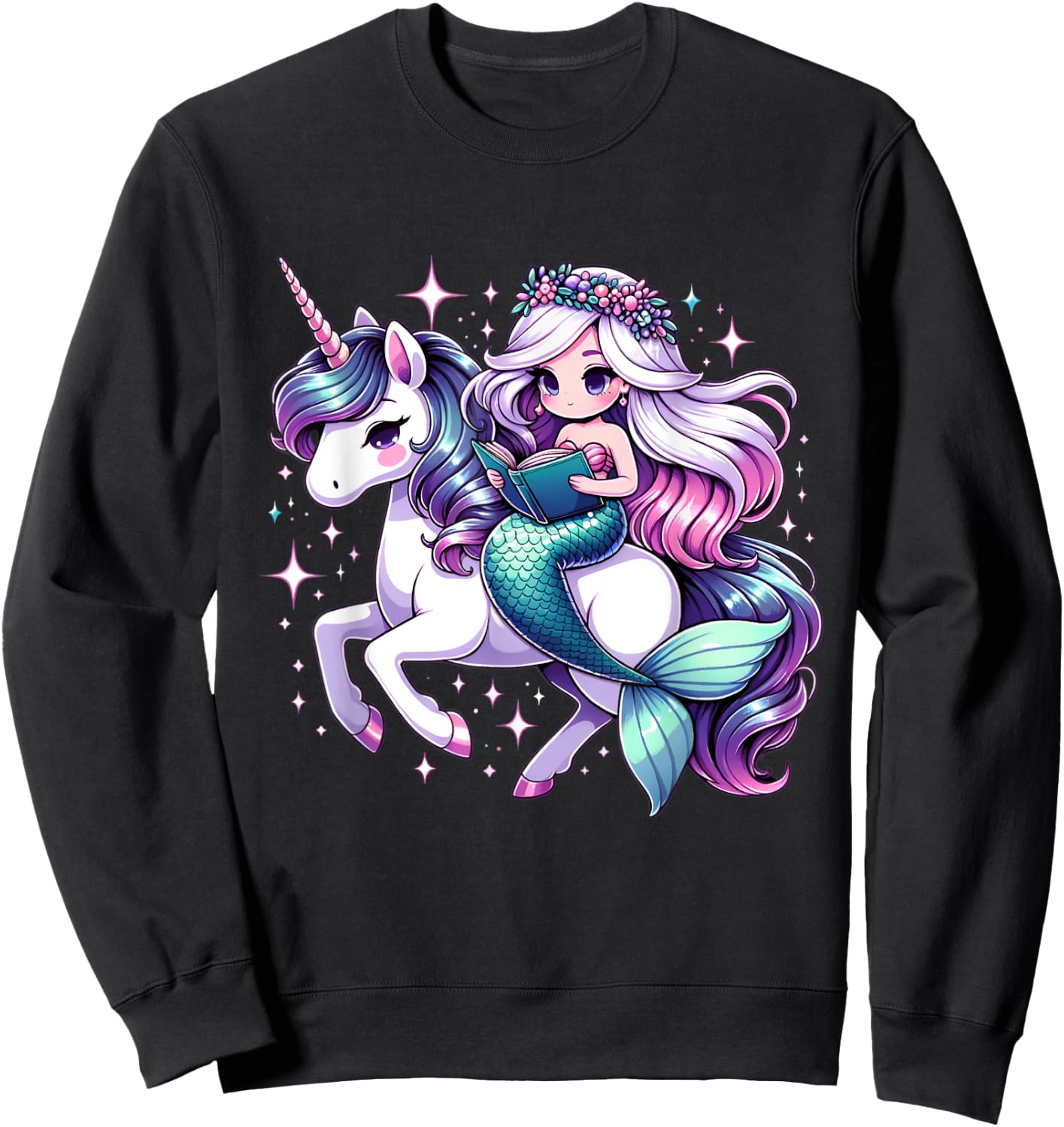 Unicorn kisses Mermaid wishes | reading books Birthday Girl Sweatshirt - Sweatshirt | Black
