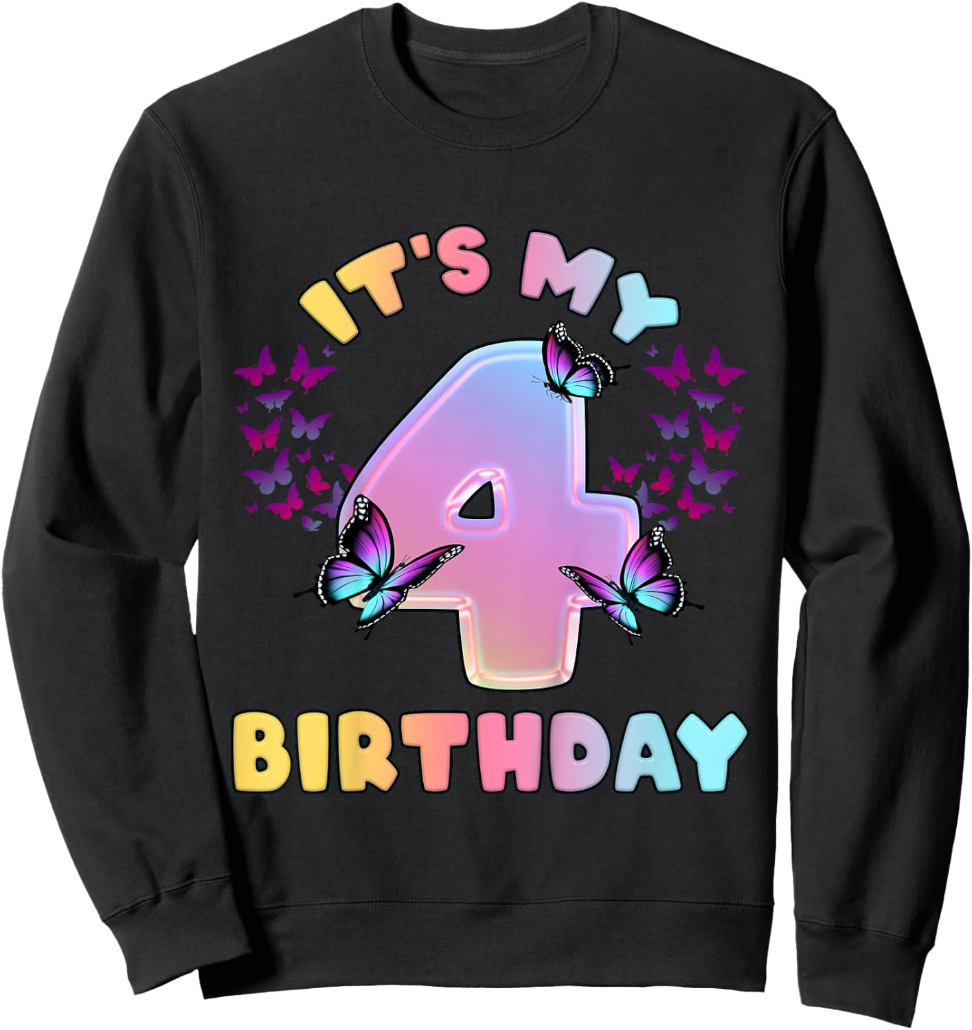 Birthday Girl 4 Years Old Butterfly Sweatshirt - Sweatshirt | Black