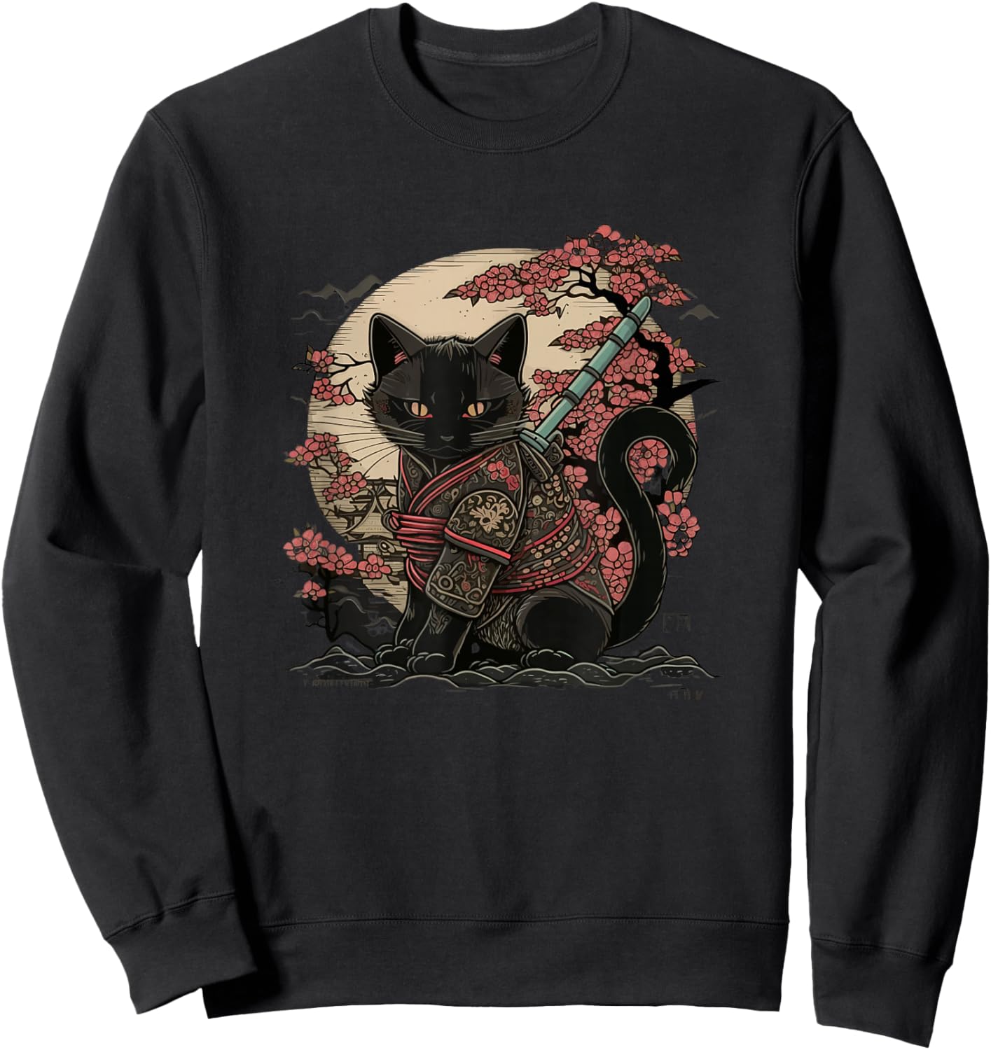 Japanese Samurai Cat Tattoo, Vintage Kawaii Ninja Sweatshirt - Sweatshirt | Black