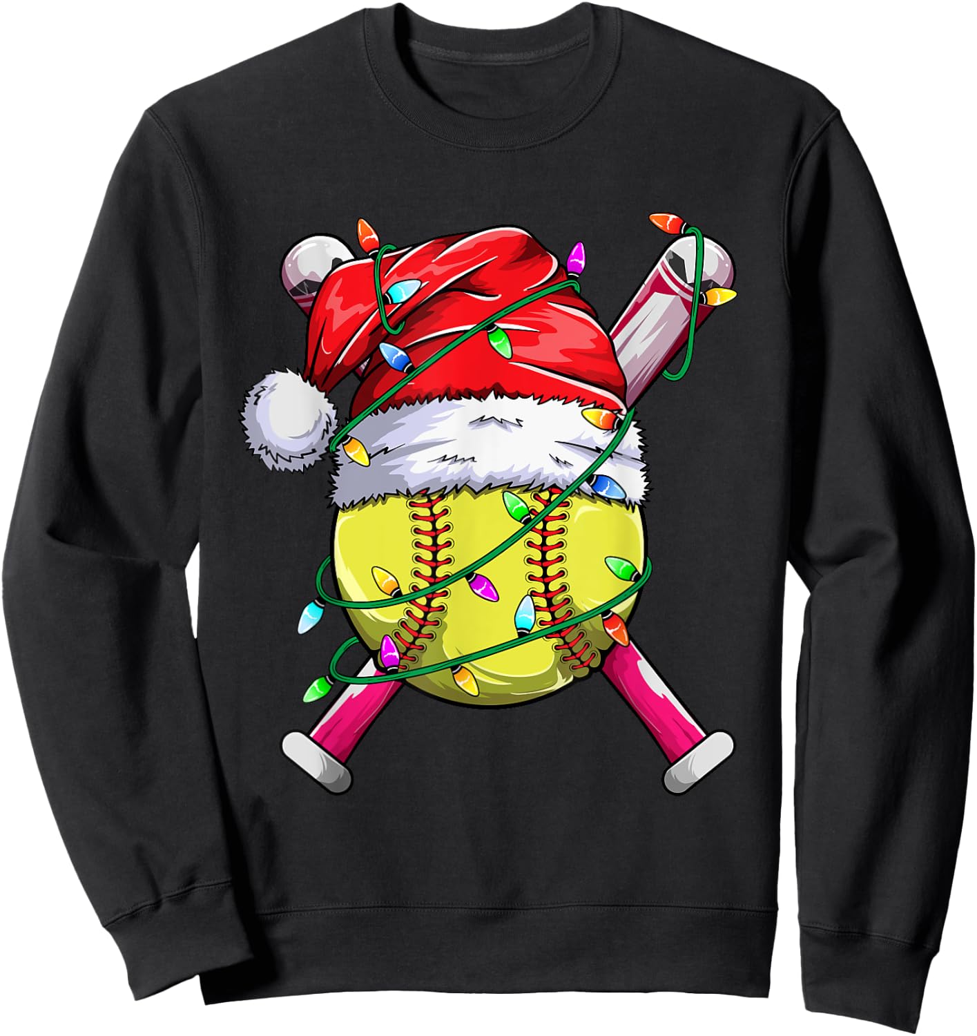 Santa Sports Design- Women Girls Christmas Softball Player Sweatshirt - Sweatshirt | Black