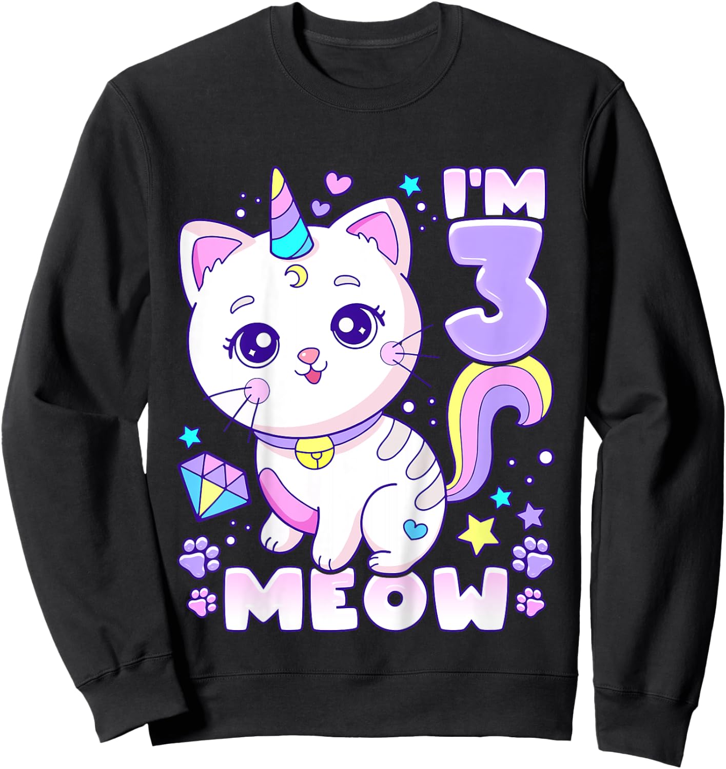 Birthday girl 3 years old, cat, unicorn, 3rd birthday Sweatshirt - Sweatshirt | Black