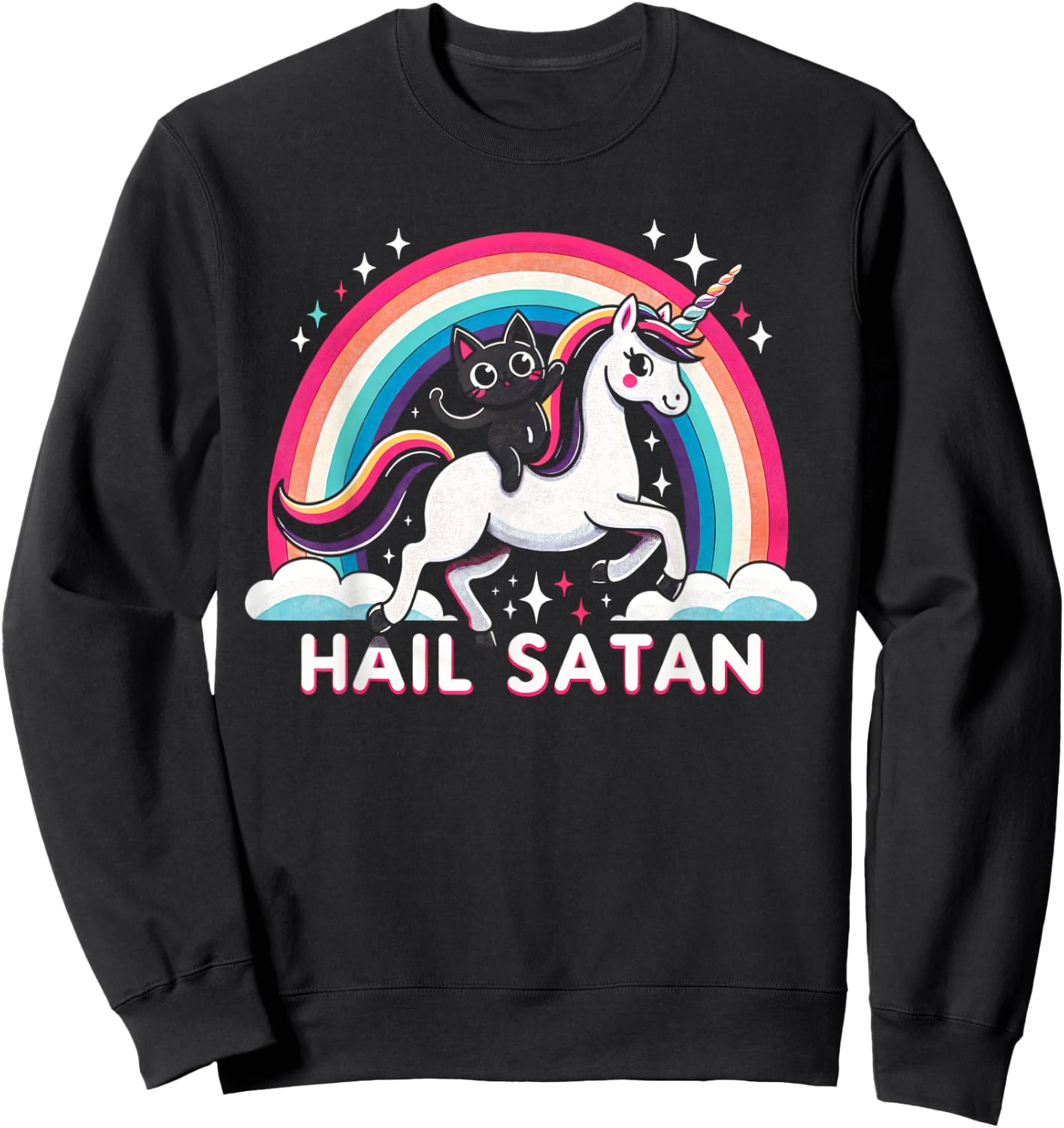 Cute Satanic Cat Riding A Unicorn Over A Rainbow Hail Satan Men Women Kids Sweatshirt - Sweatshirt | Black