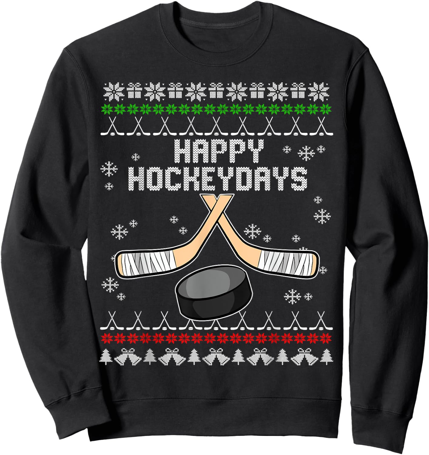 Happy Hockeydays Ugly Christmas Pajama Cool Hockey Pun X-Mas Sweatshirt - Sweatshirt | Black