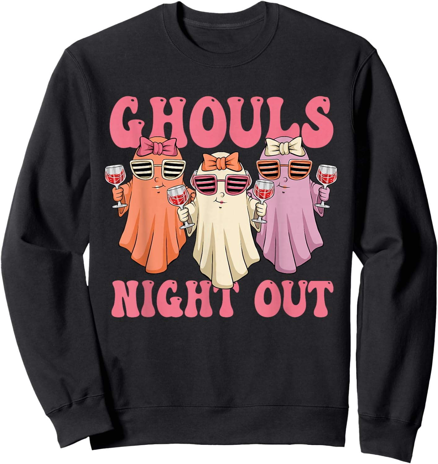 Ghouls Night Out Spooky Women Halloween Party Wine Ghosts Sweatshirt - Sweatshirt | Black