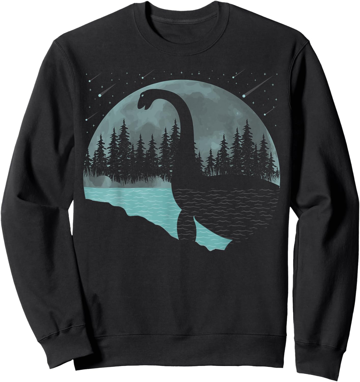 Loch Ness Monster Graphic Full Moon Trees And Stars! Nessie Sweatshirt - Sweatshirt | Black