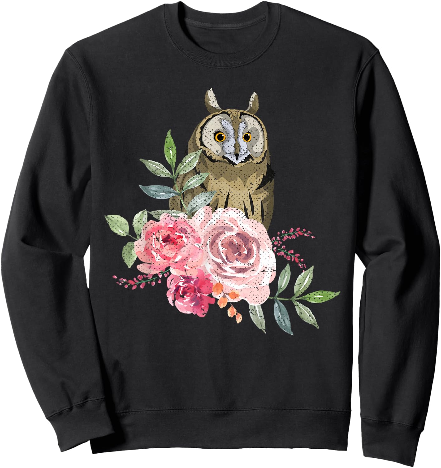 Owl Lover Flower Roses Wise Bird Animal Vintage Owl Sweatshirt - Sweatshirt | Black