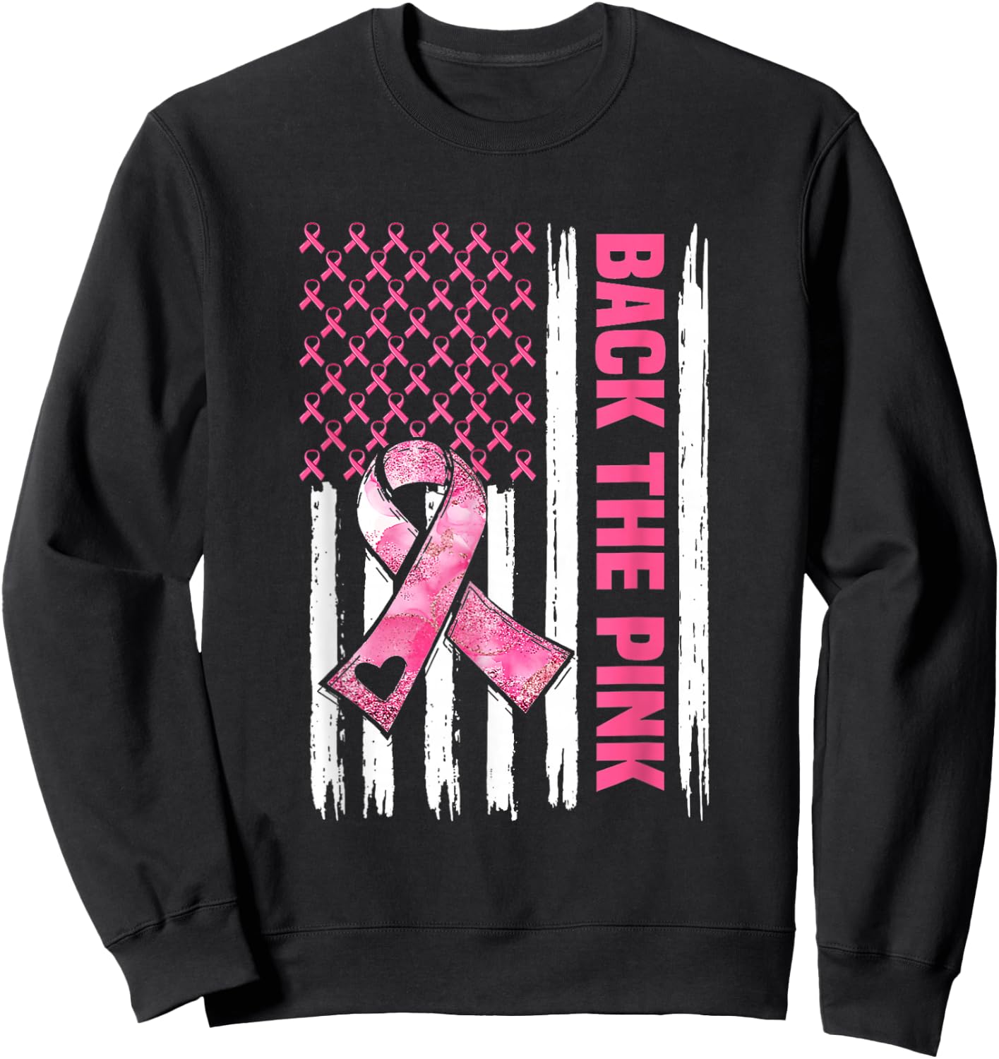 Back The Pink Warrior Flag American Breast Cancer Awareness Sweatshirt - Sweatshirt | Black