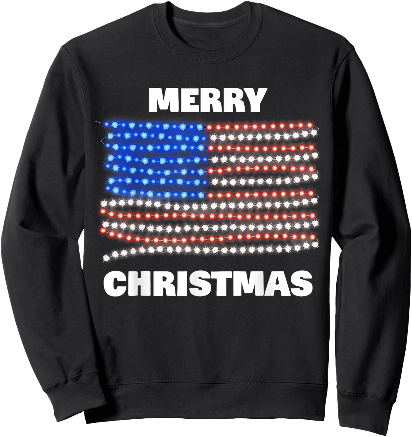 American USA Flag Patriotic Merry Christmas Xmas Lights Women Kids Men Sweatshirt - Sweatshirt | Black
