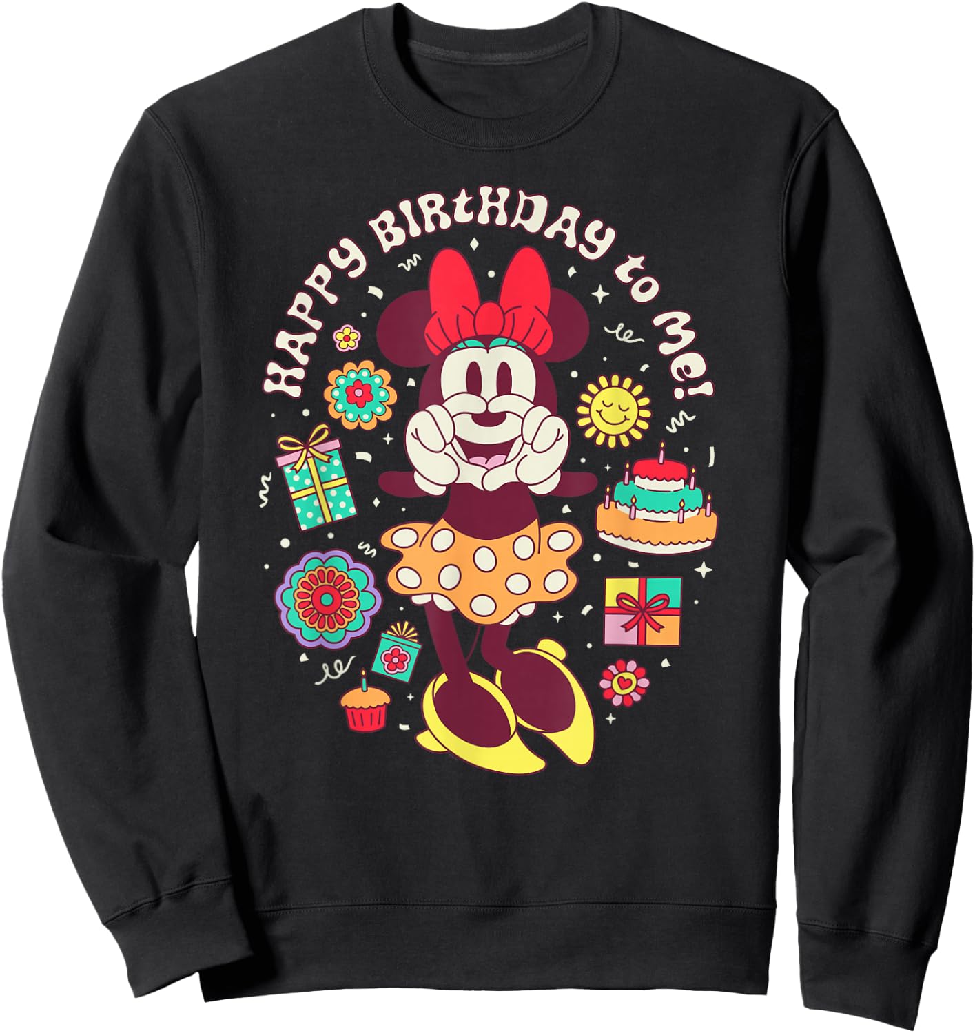 Disney Minnie Mouse Happy Birthday to Me Finger Heart Retro Sweatshirt - Sweatshirt | Black