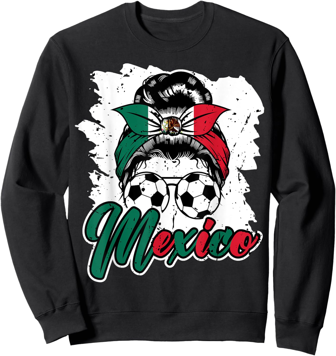 Soccer Mexico Messy Bun Mexican Flag Football Girls Women Sweatshirt - Sweatshirt | Black