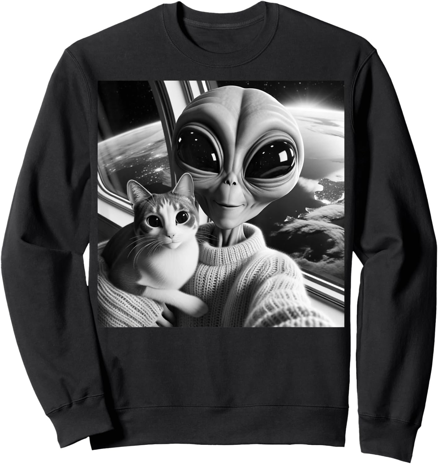Cute Alien Cat Selfie Funny UFO Earth Photo Women Girls Kids Sweatshirt - Sweatshirt | Black