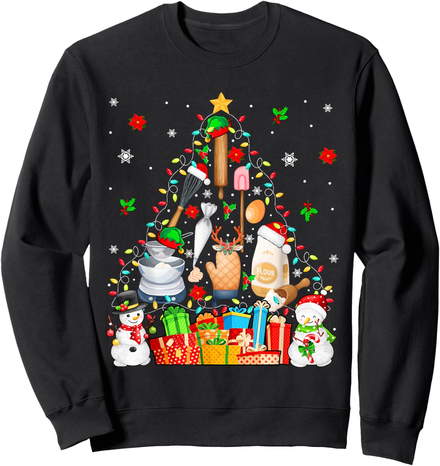 Baking Tools As Christmas Tree Xmas Lights Snowmen Baker Sweatshirt - Sweatshirt | Black