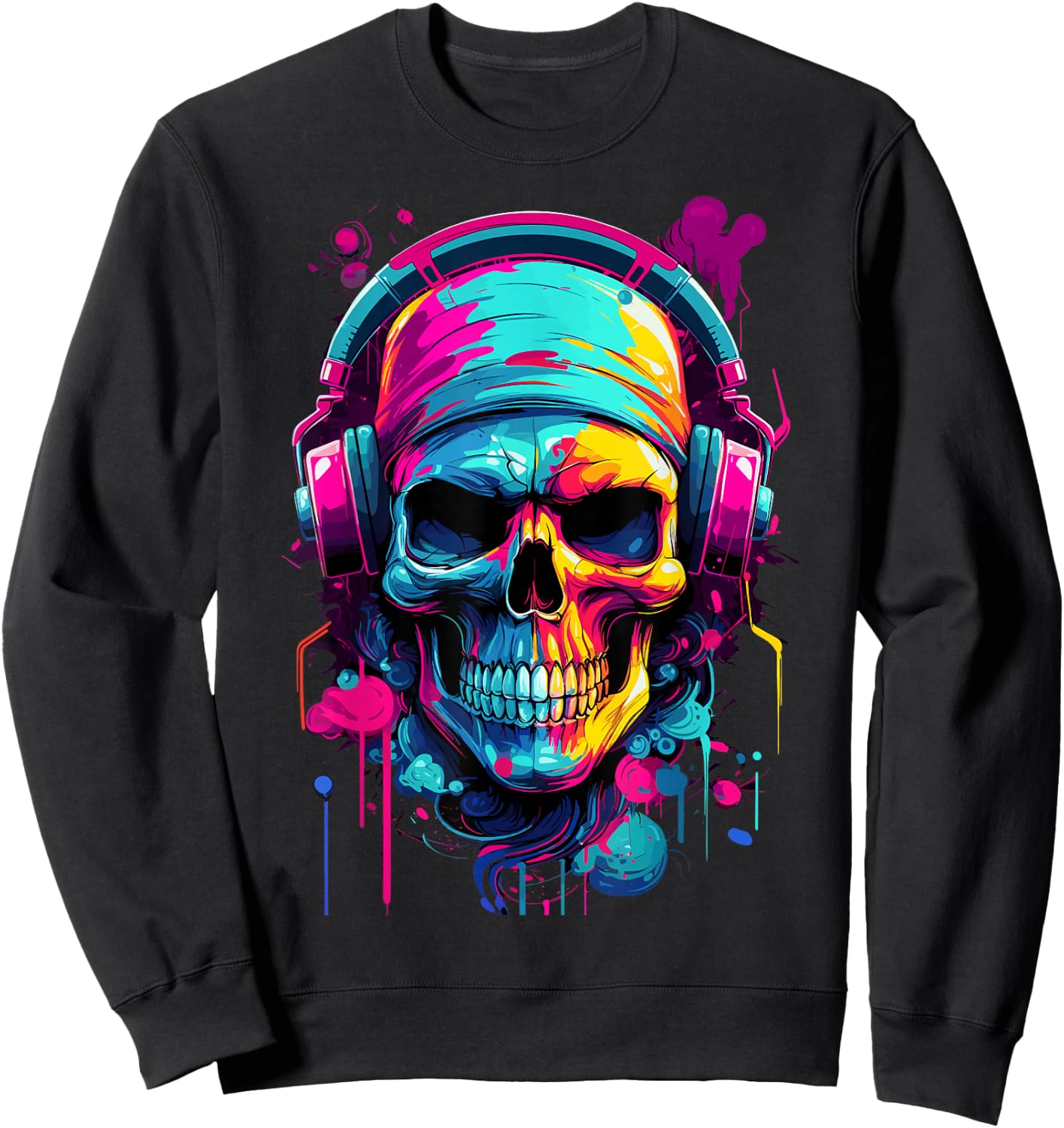 Colorful Skull With Headphones - Music Themed Horror Sweatshirt - Sweatshirt | Black