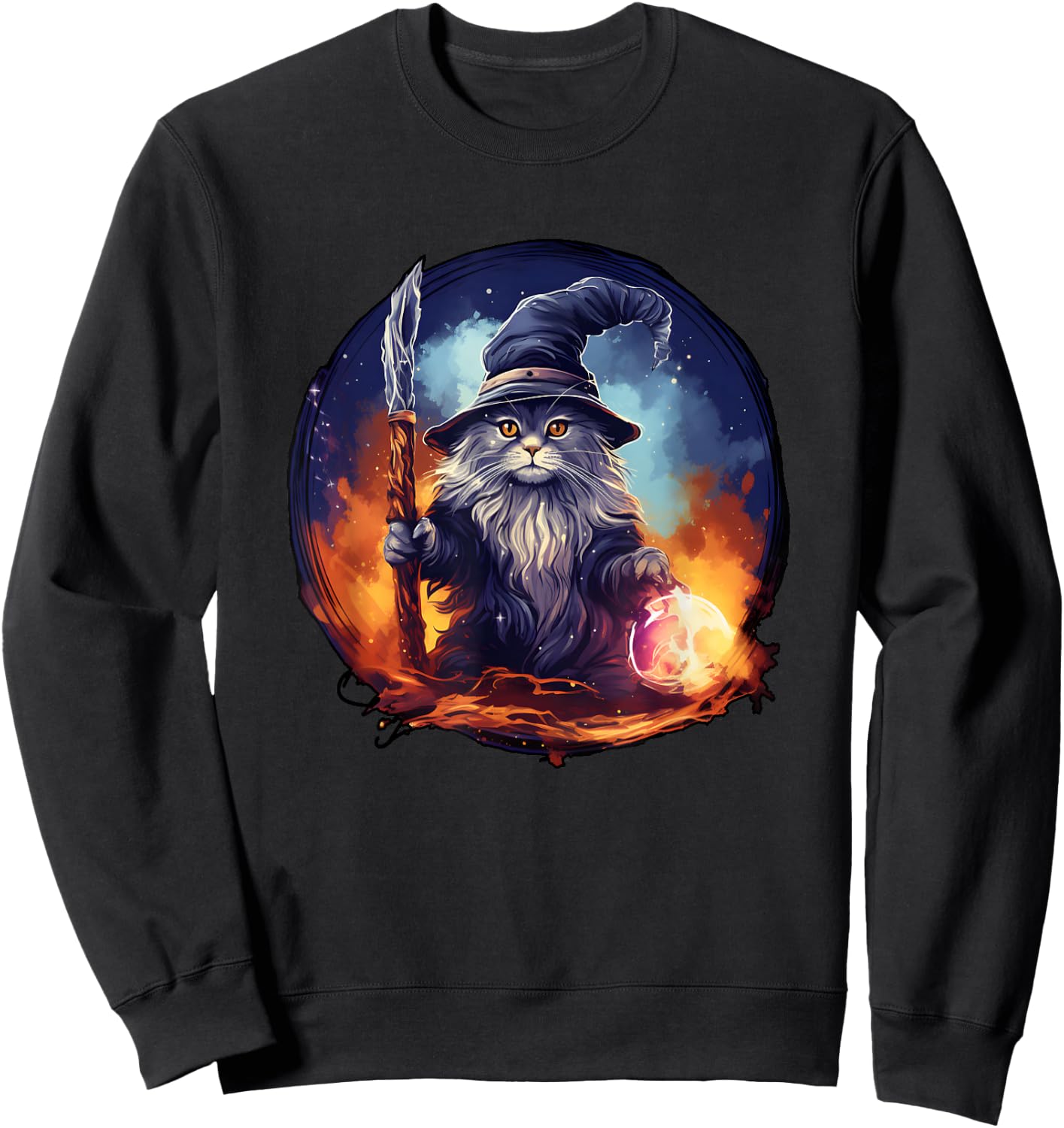 Magical Feline Sorcerer: Enchanting Wizard Cat Sweatshirt - Sweatshirt | Black