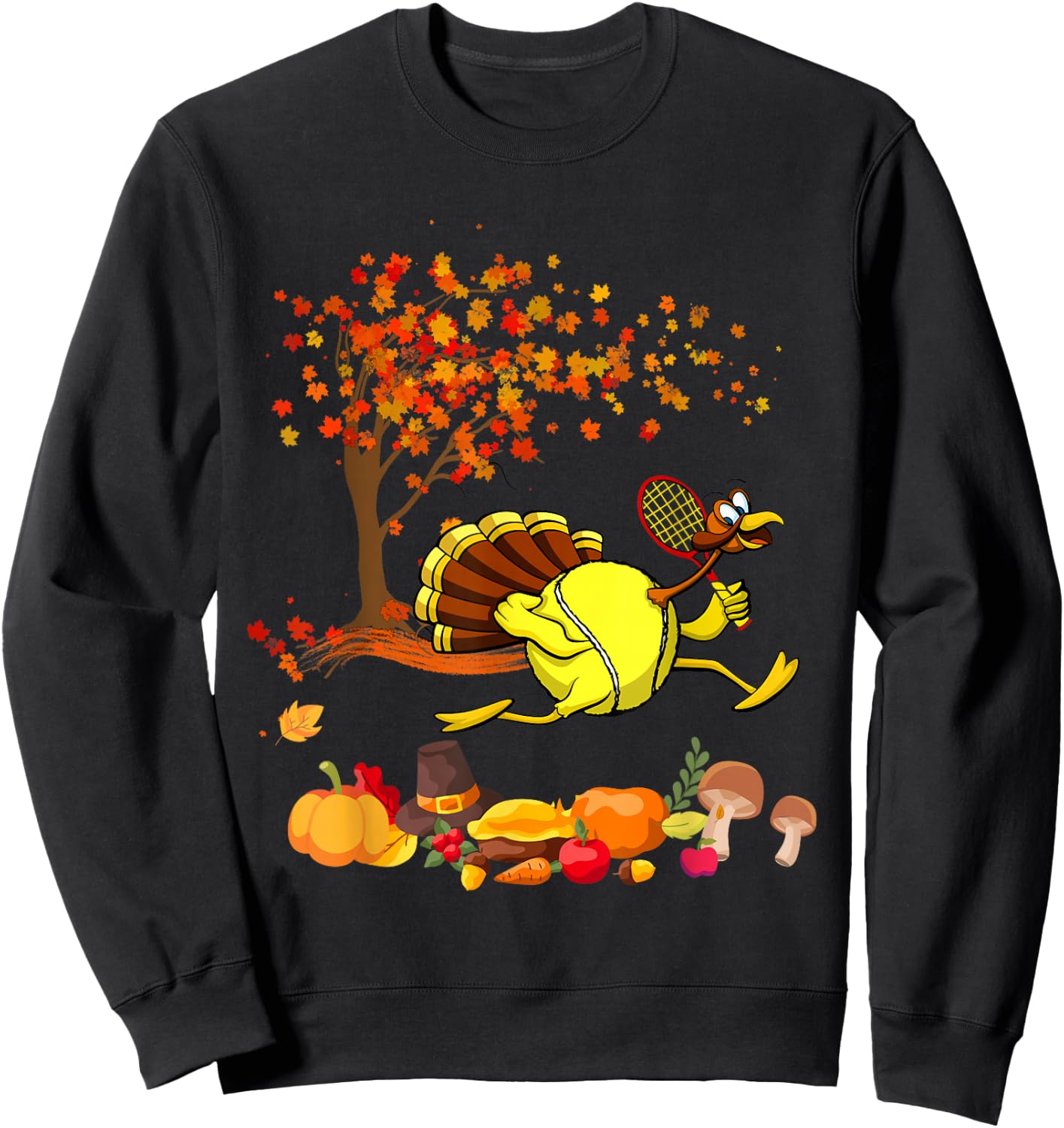 Tennis Turkey Thanksgiving Fall Tree Tennis Player Lover Sweatshirt - Sweatshirt | Black