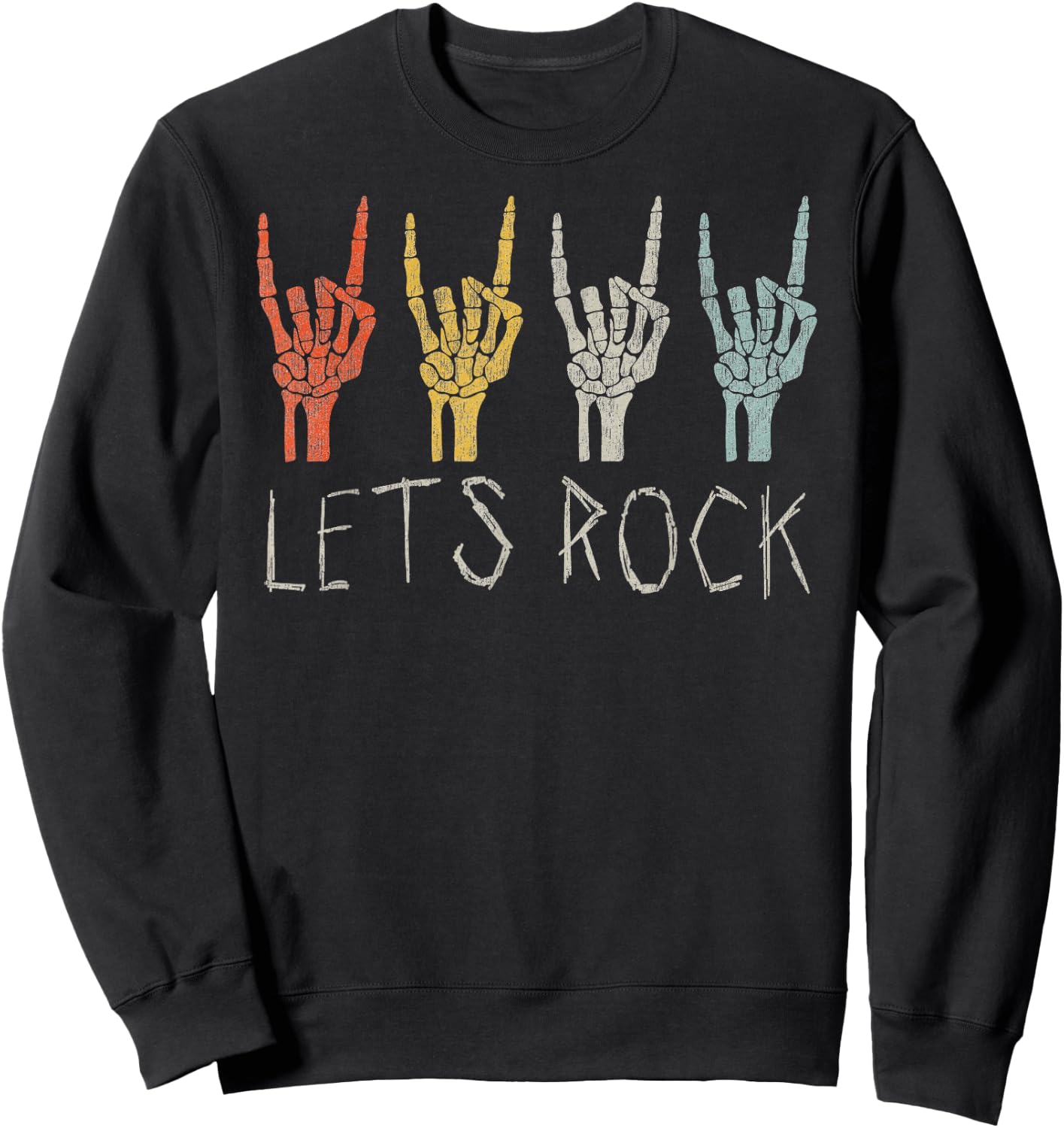 Rock and Roll Skeleton Let's Rock Hand Vintage Sweatshirt - Sweatshirt | Black
