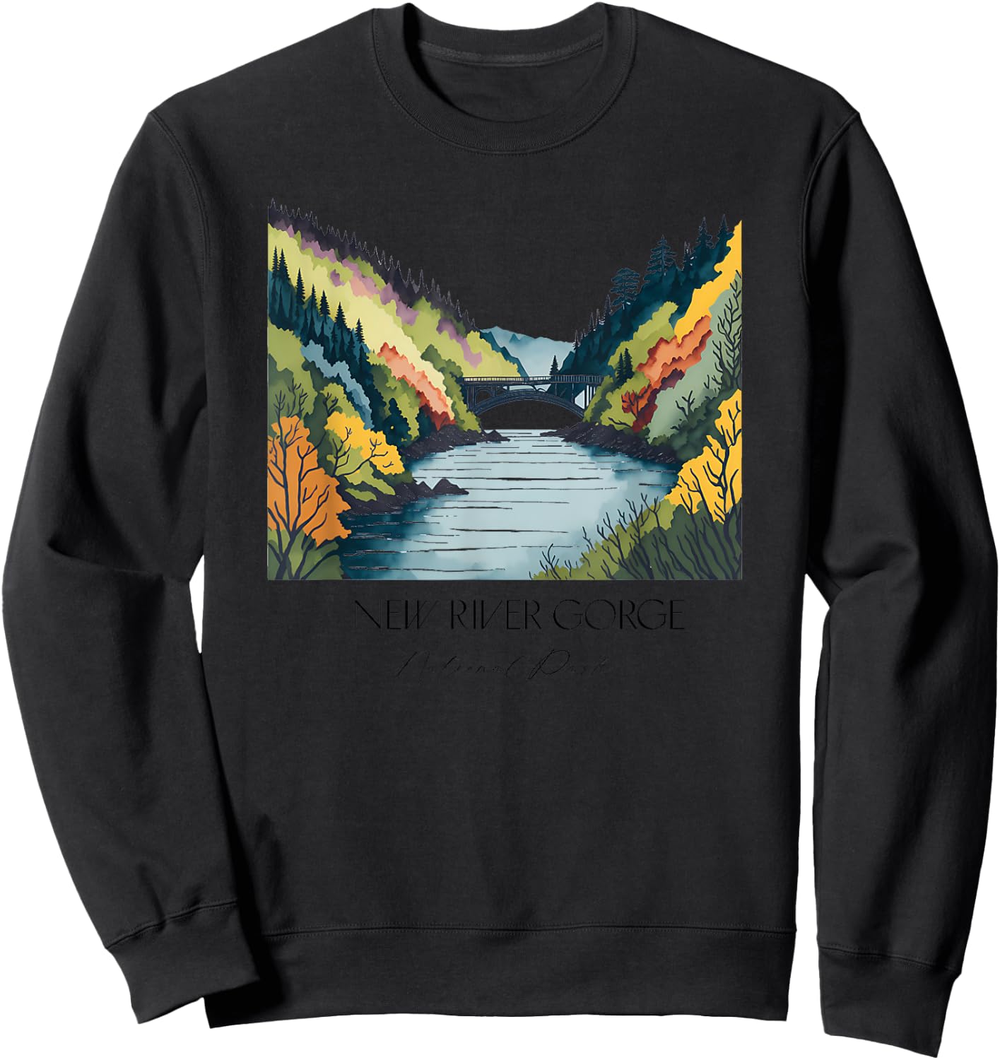 Cool New River Gorge National Park Hiking Watercolor Graphic Sweatshirt - Sweatshirt | Black