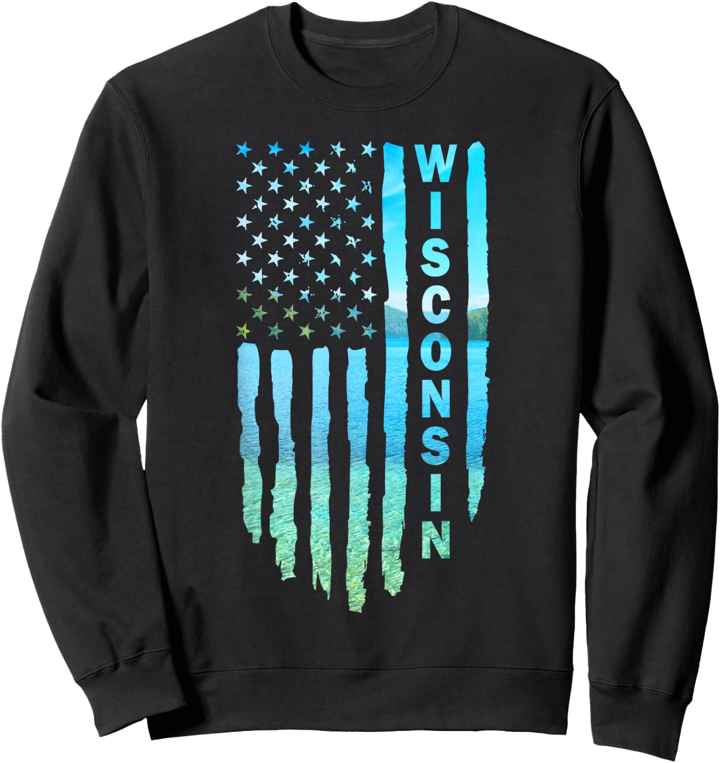 Wisconsin Fishing American Flag Sweatshirt - Sweatshirt | Black