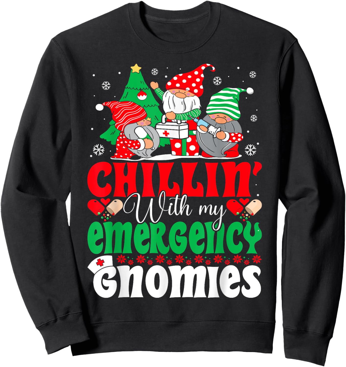 Emergency Nurse Gnomes Funny ER Nurse Christmas Sweatshirt - Sweatshirt | Black
