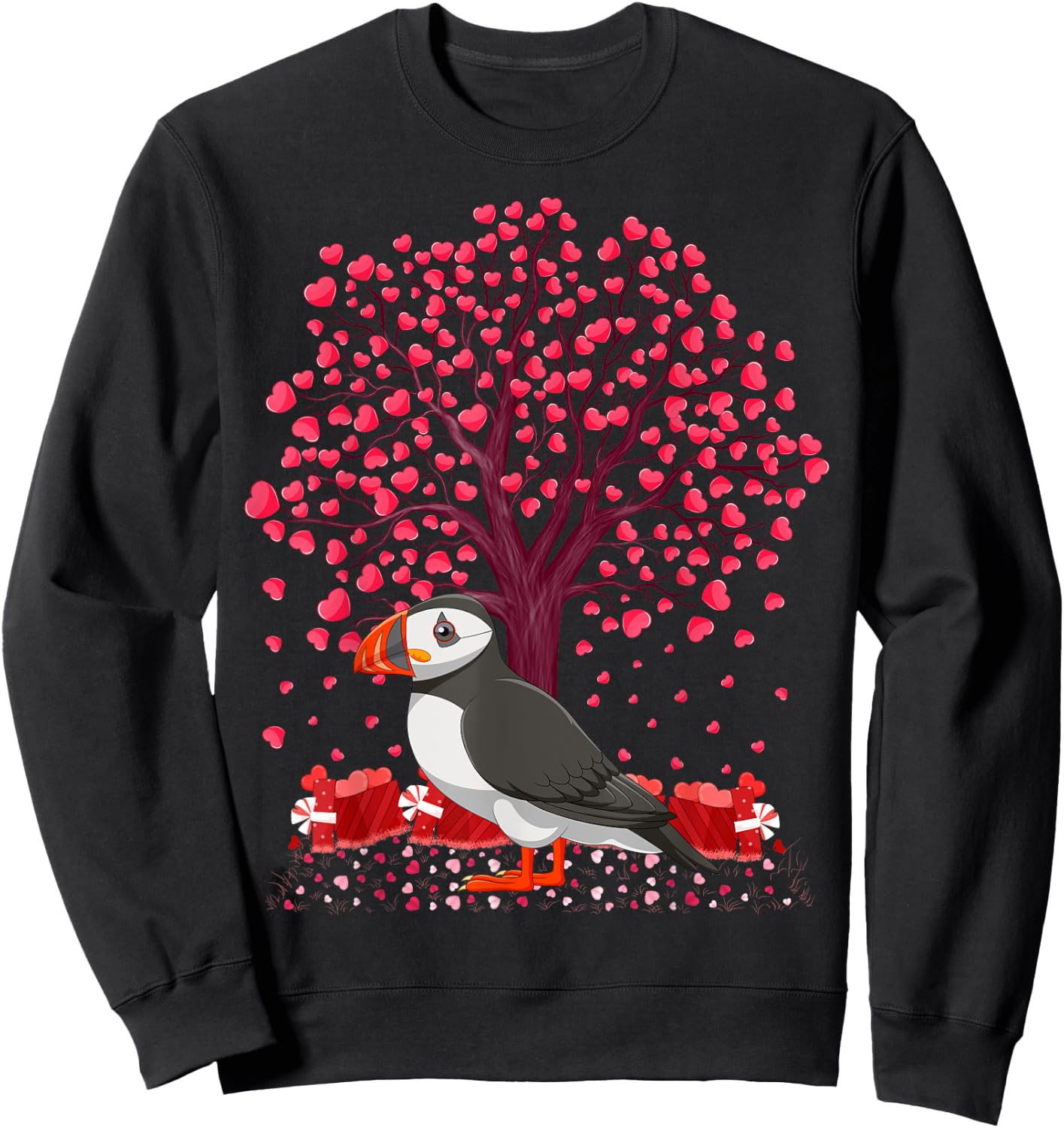 Puffin Bird Lover Heart Tree Puffin Valentine's Day Sweatshirt - Sweatshirt | Black