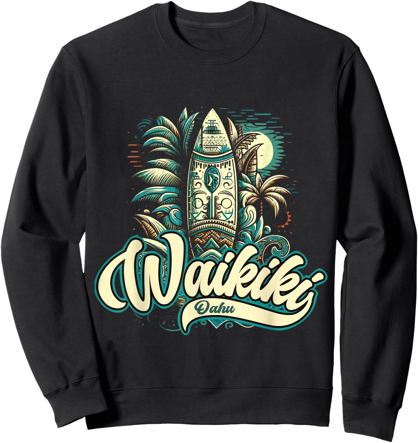 Waikiki Beach Polynesian Hawaii Surf Design Sweatshirt - Sweatshirt | Black