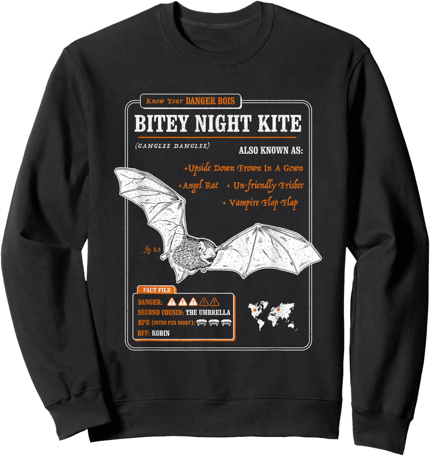 Funny Bat Fact File - Bitey Night Kite Sweatshirt - Sweatshirt | Black