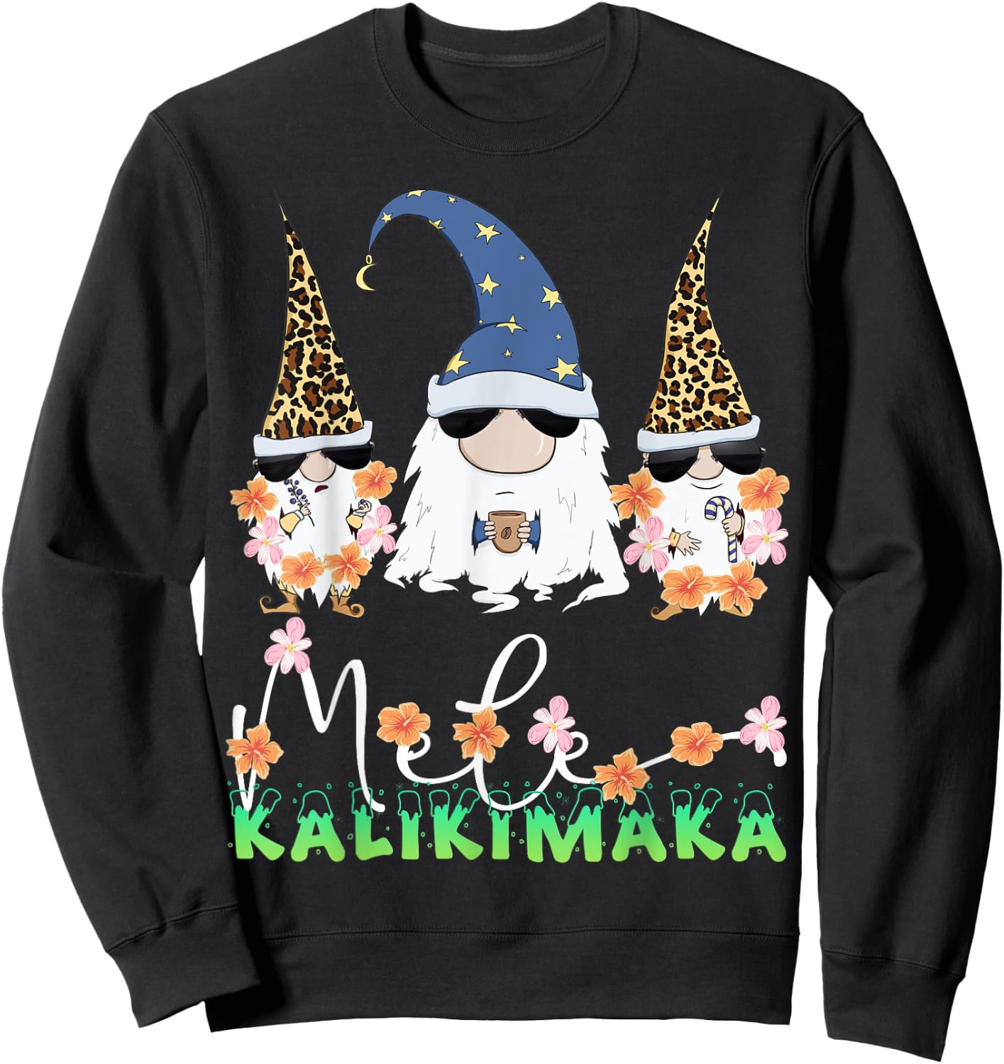Mele Kalikimaka Funny Hawaiian Christmas Gnomes Coffee Lover Sweatshirt - Sweatshirt | Black