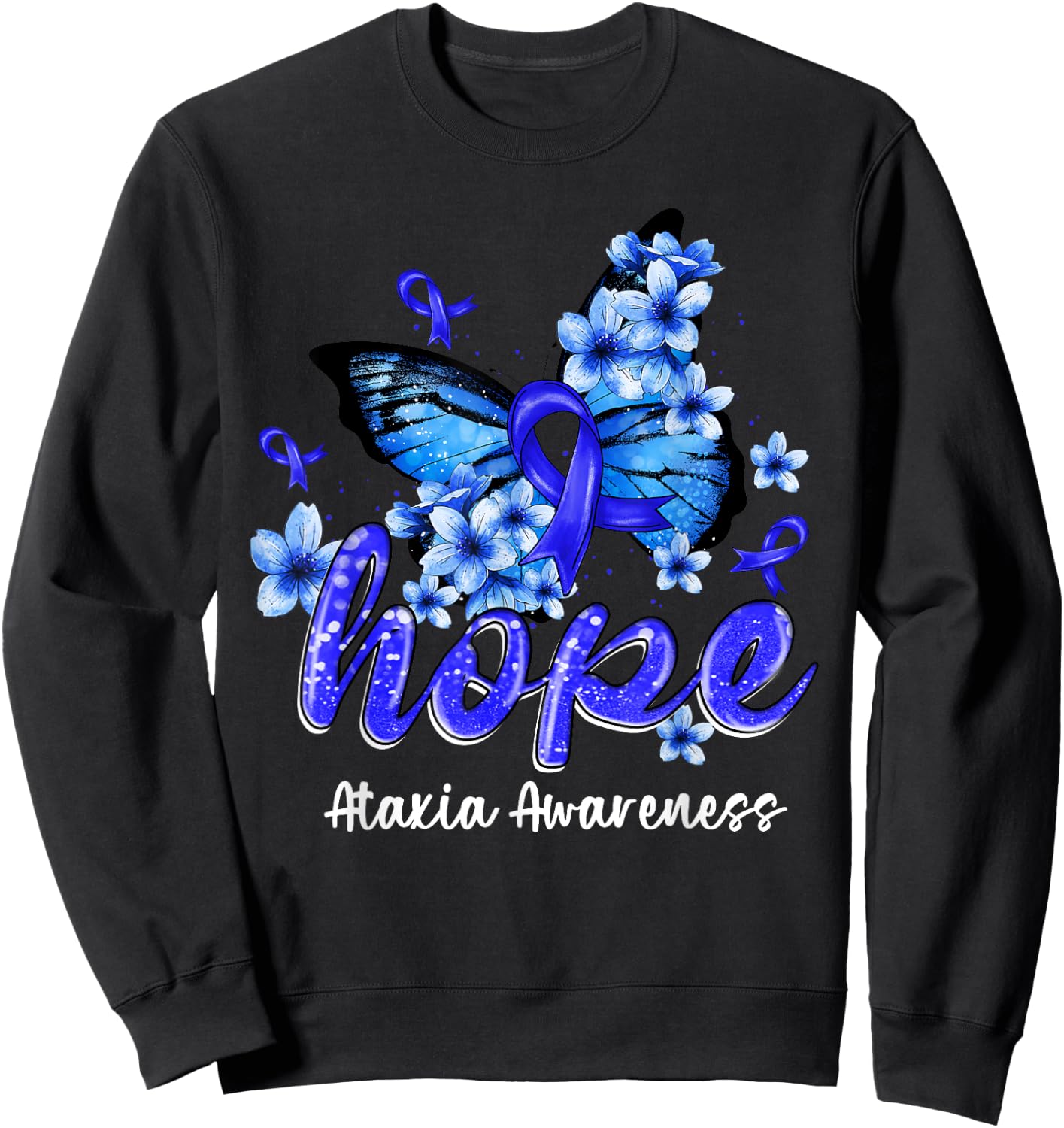 Hope Butterfly Blue Ribbon Ataxia Awareness Gifts Sweatshirt - Sweatshirt | Black