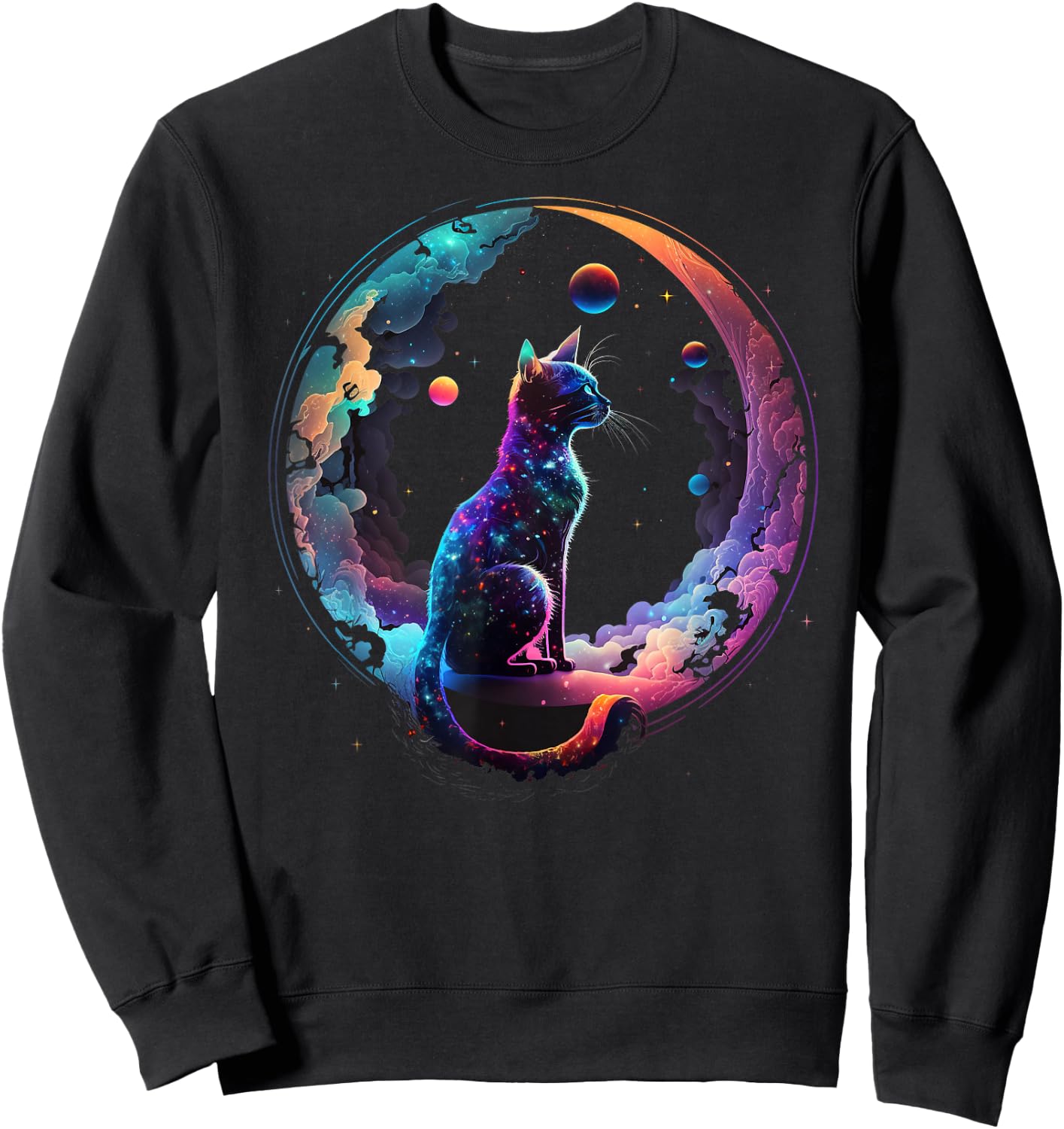 Cosmic Cat Cool Colorful Crescent Moon and Clouds Kitten Sweatshirt - Sweatshirt | Black