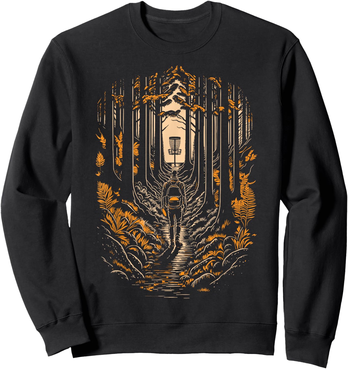 Disc Golf Forest Course Wilderness Golfer Sunset Sweatshirt - Sweatshirt | Black