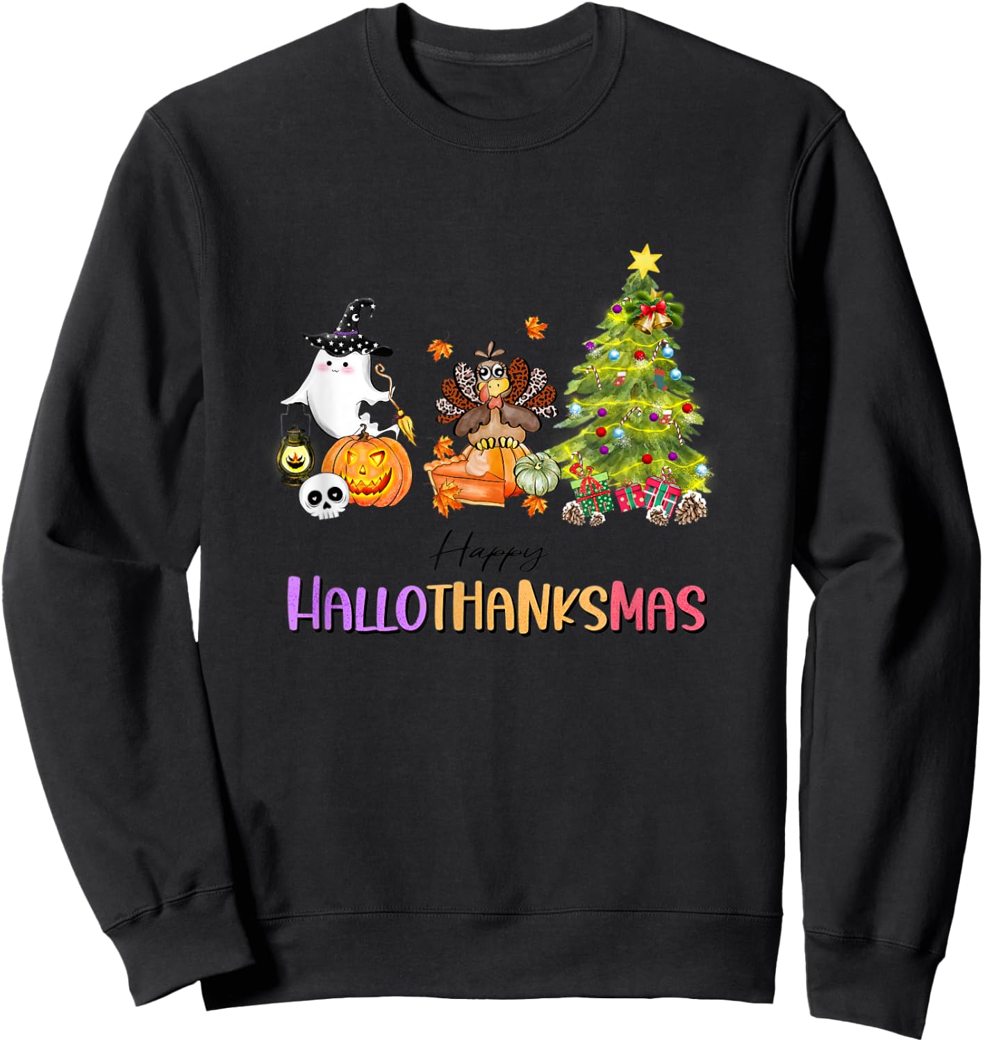 Happy Hallothanksmas Ghost Turkey Christmas Tree Sweatshirt - Sweatshirt | Black