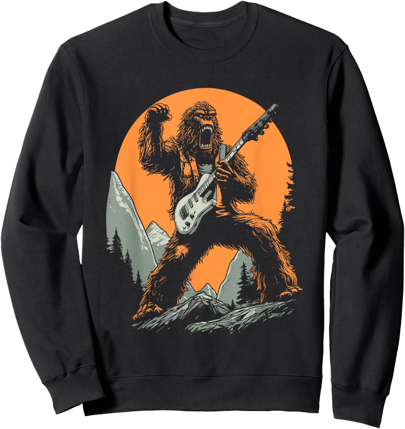 Bigfoot Playing Electric Guitar Funny Sasquatch Rocker Sweatshirt - Sweatshirt | Black