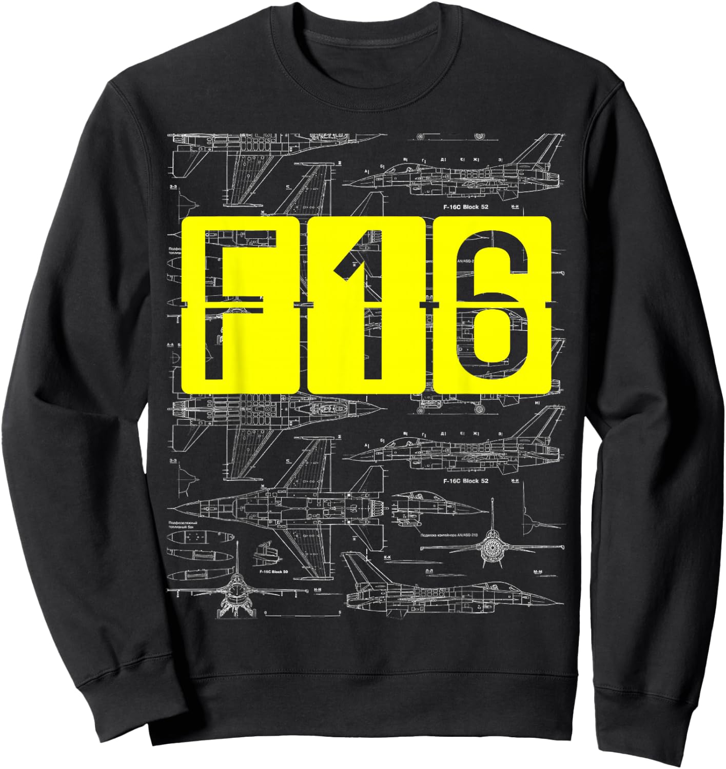 F16 Jet Aircraft Fighter Jet Blueprint Design Sweatshirt - Sweatshirt | Black