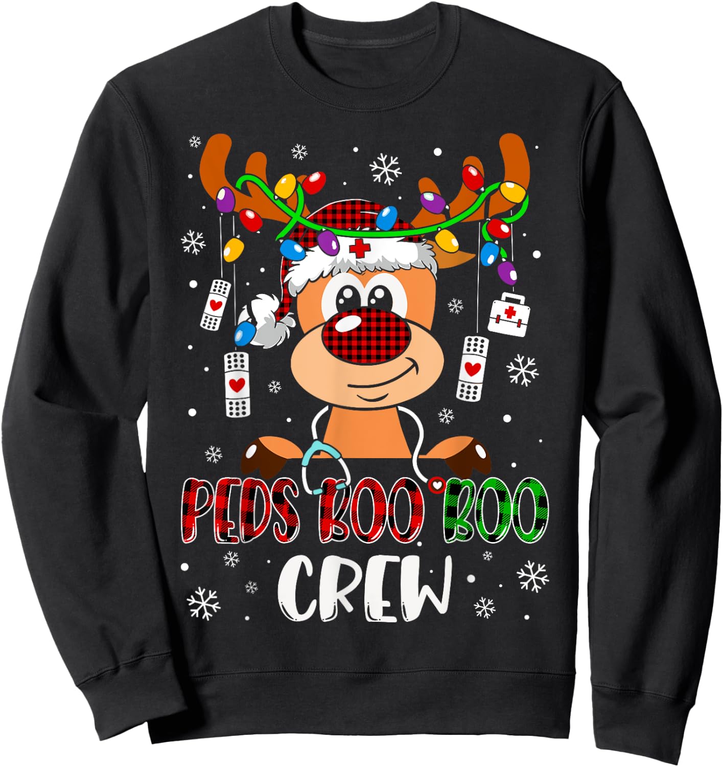 Peds Nurse Boo Crew Reindeer Nurse Buffalo Plaid Christmas Sweatshirt - Sweatshirt | Black