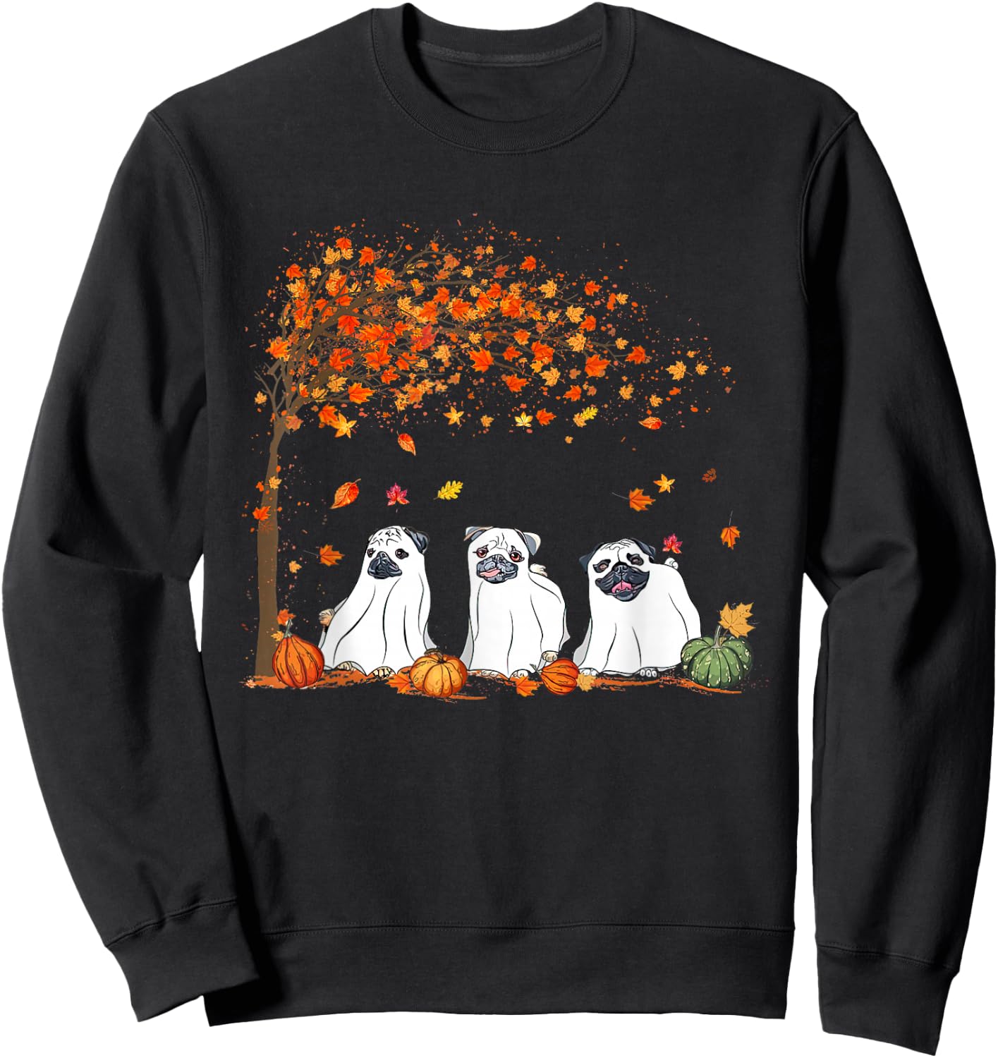 Pug Ghost Cute Under Fall Tree Halloween Autumn Dog Lovers Men Women Sweatshirt - Sweatshirt | Black