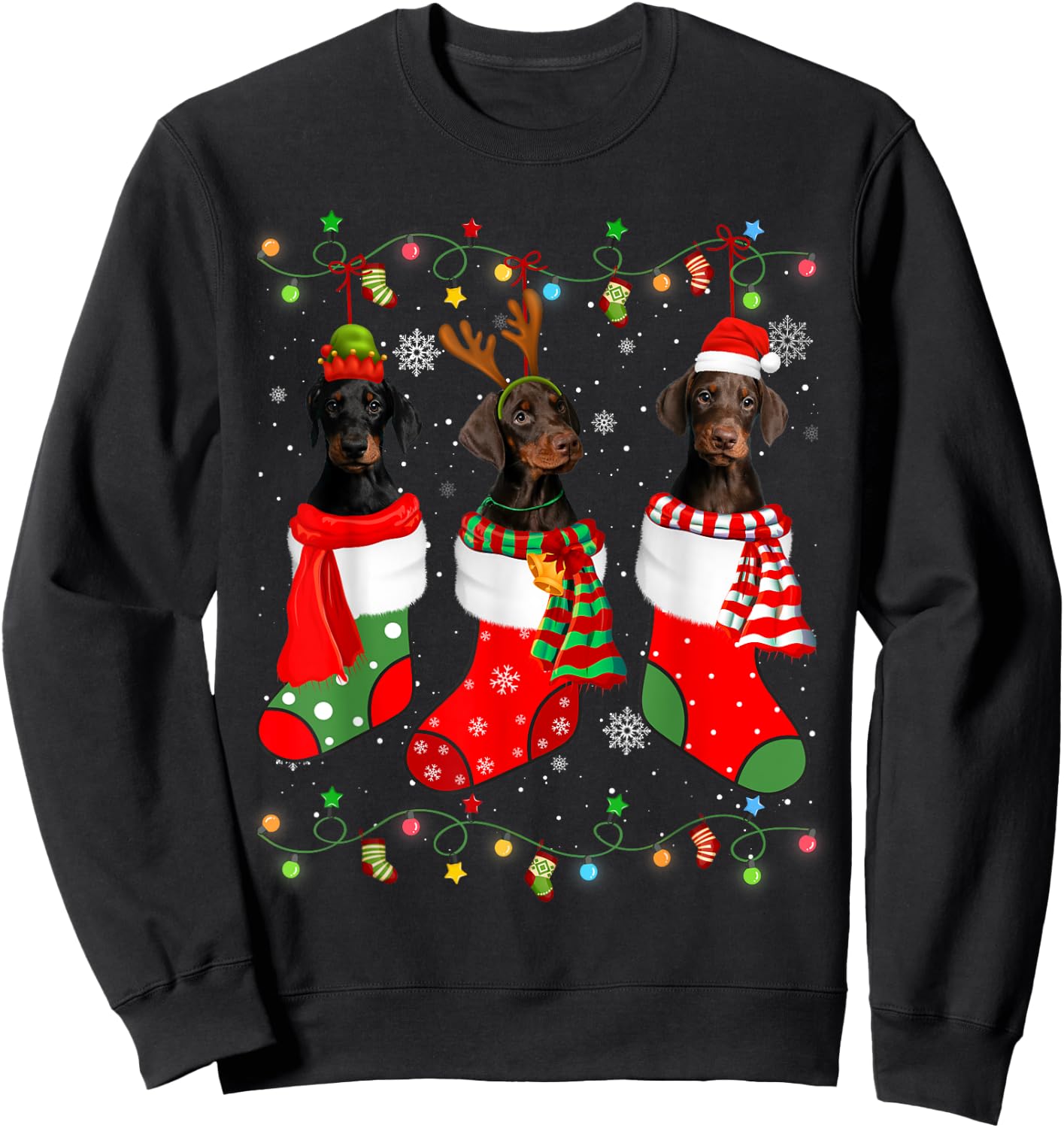 Doberman Dog Christmas Socks Santa Hat Xmas Lights Sweatshirt - Sweatshirt | Black