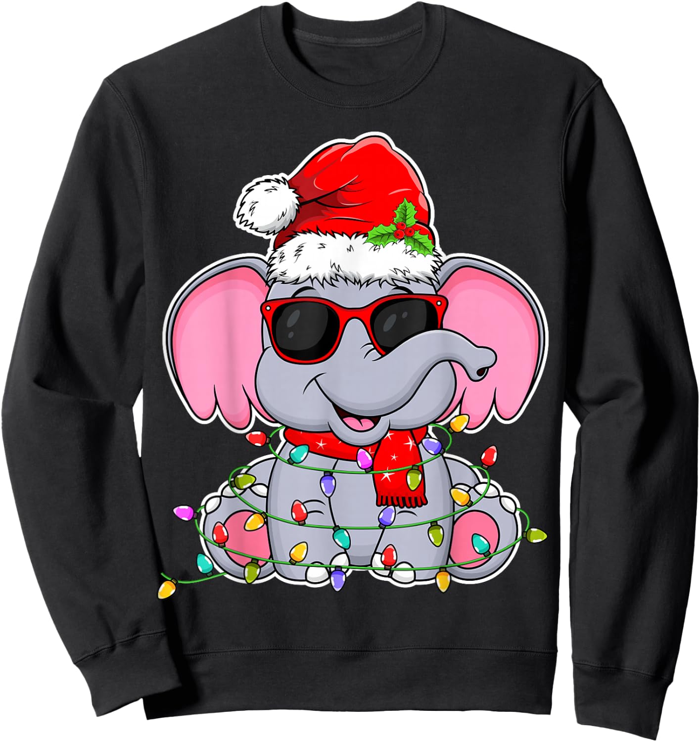 Elephant Wearing Glasses Santa Hat Elephant Lover Christmas Sweatshirt - Sweatshirt | Black