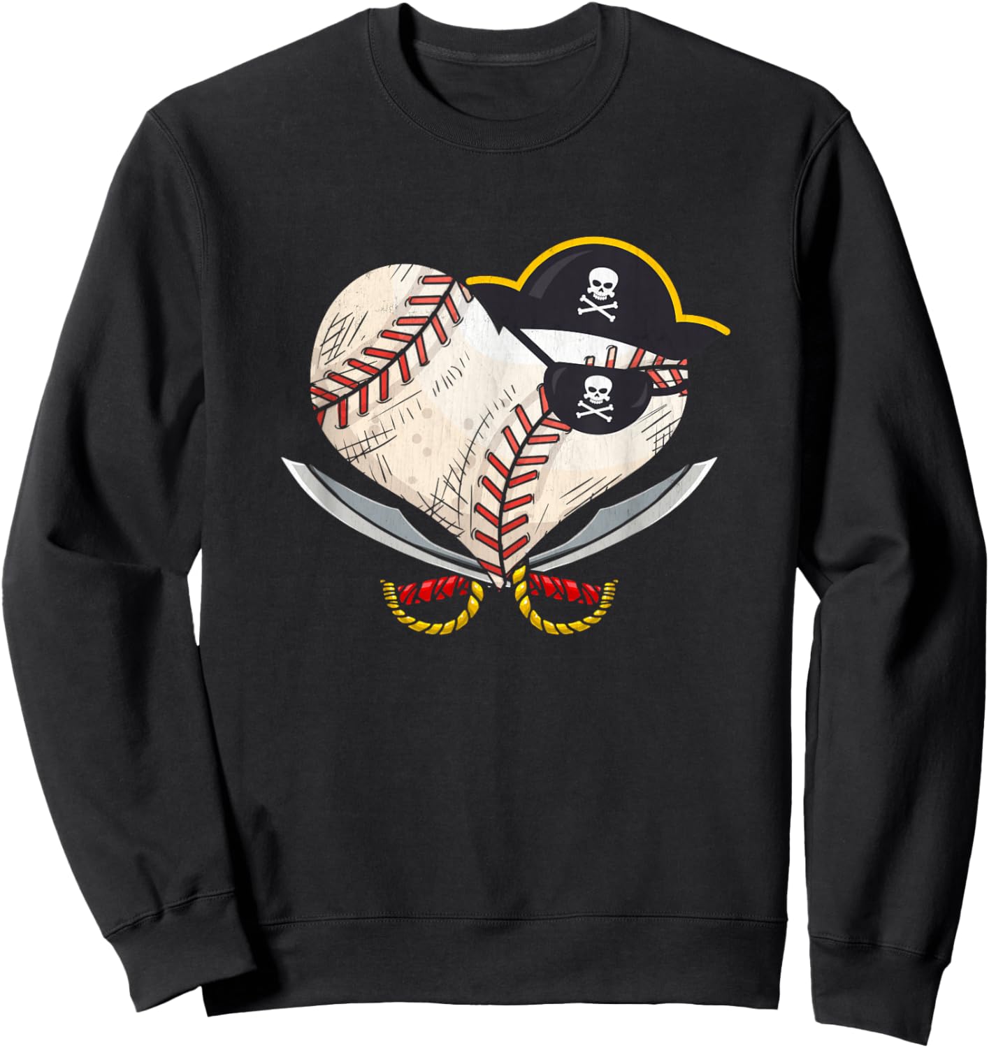 The Vintage Pirate Baseball Heart Ball With Skull Hat Sport Sweatshirt - Sweatshirt | Black