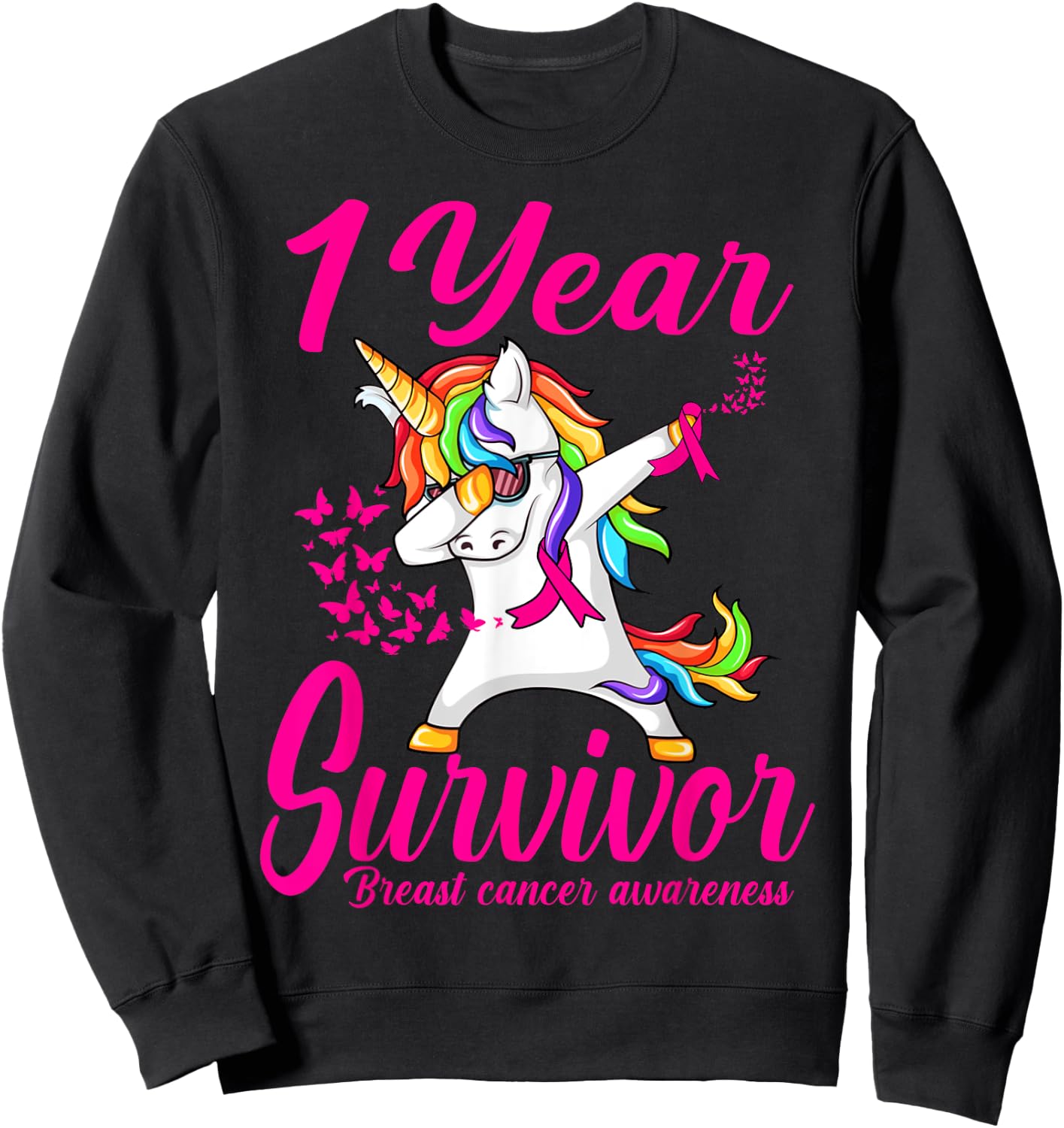 One 1 Years Survivor Breast Cancer Awareness Unicorn Sweatshirt - Sweatshirt | Black