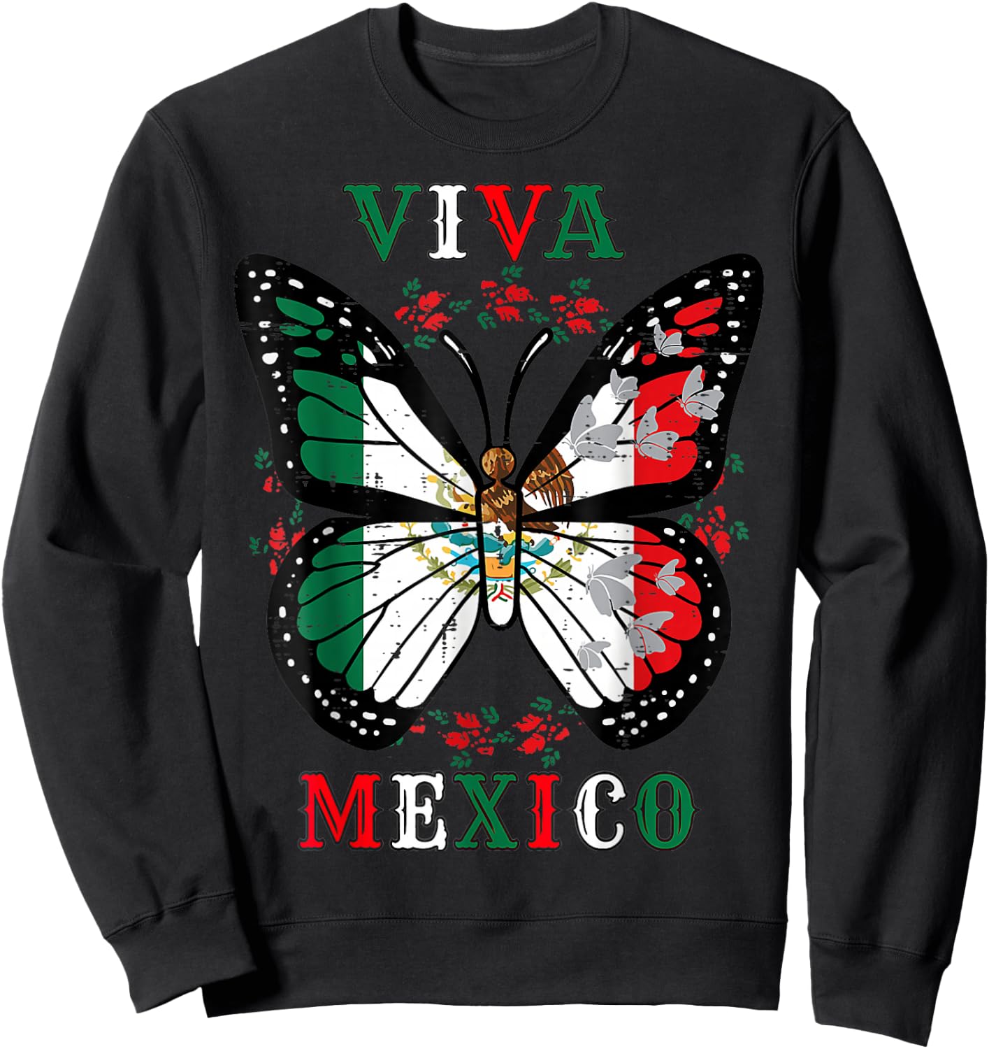 Viva Mexico Mexican Independence Day Butterfly Flag Sweatshirt - Sweatshirt | Black
