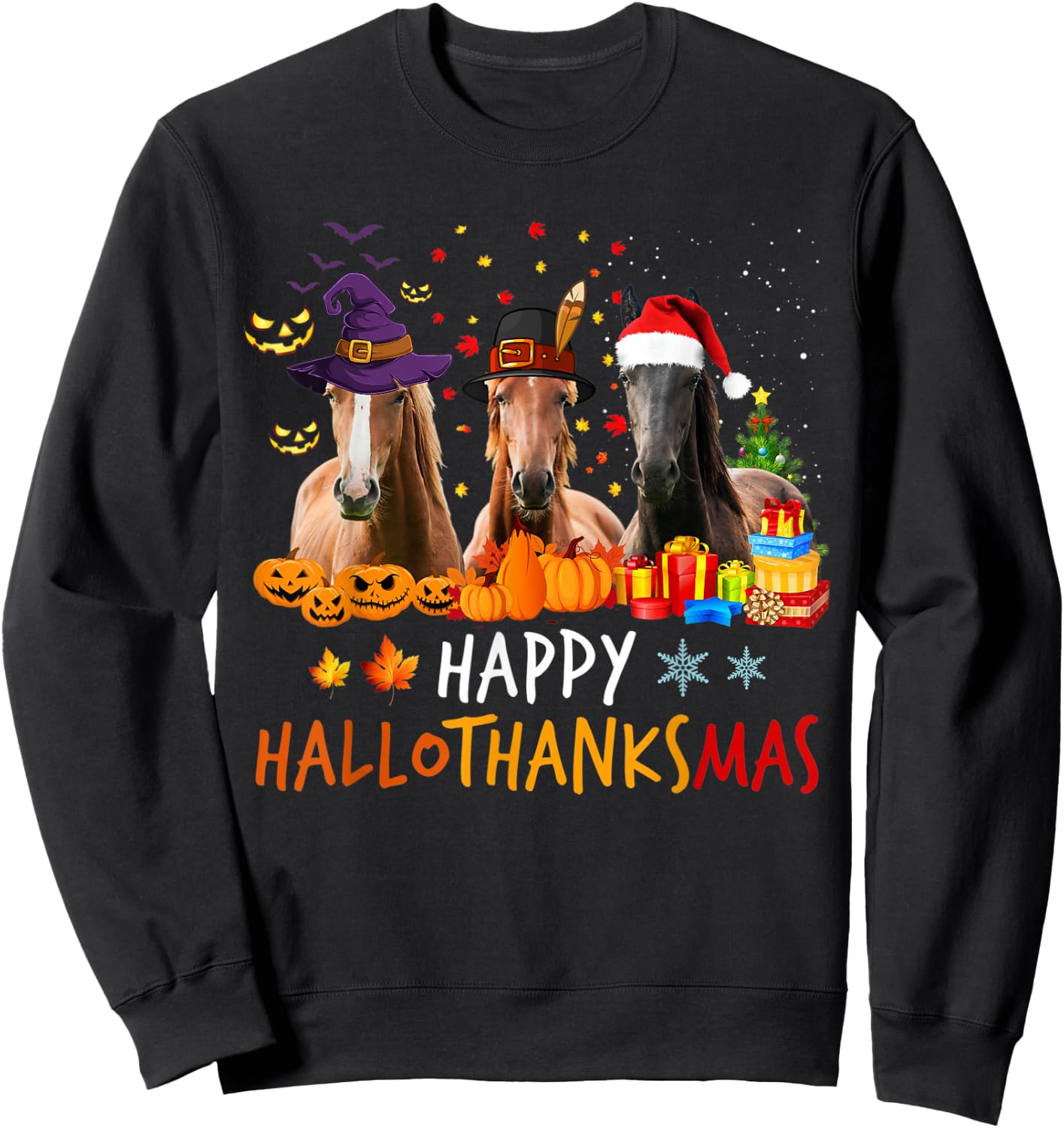 Horse Halloween Happy HalloThanksMas Thanksgiving Horses Sweatshirt - Sweatshirt | Black