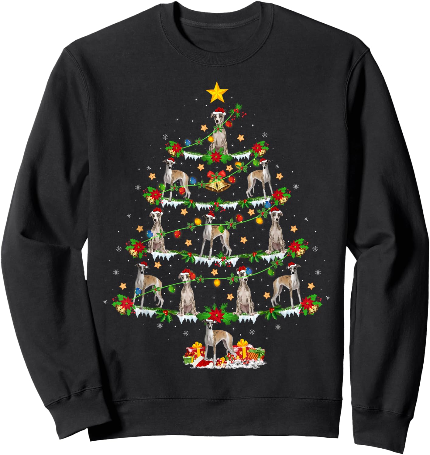 Holiday Xmas Lighting Santa Whippet Dog Christmas Tree Sweatshirt - Sweatshirt | Black