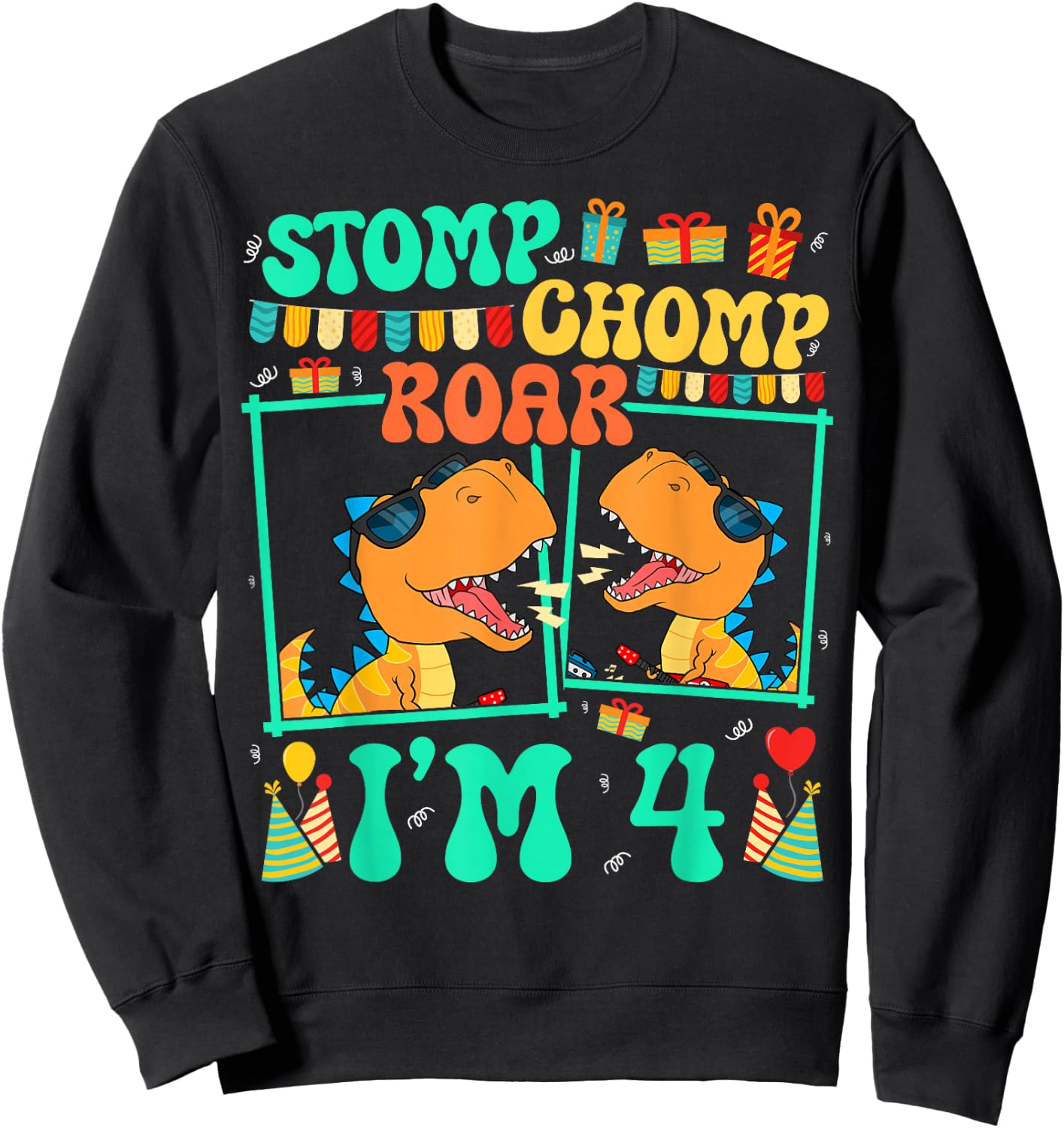 Stomp Chomp Roar I'm 4 Guitar Dinosaur Kid 4th Birthday Sweatshirt - Sweatshirt | Black