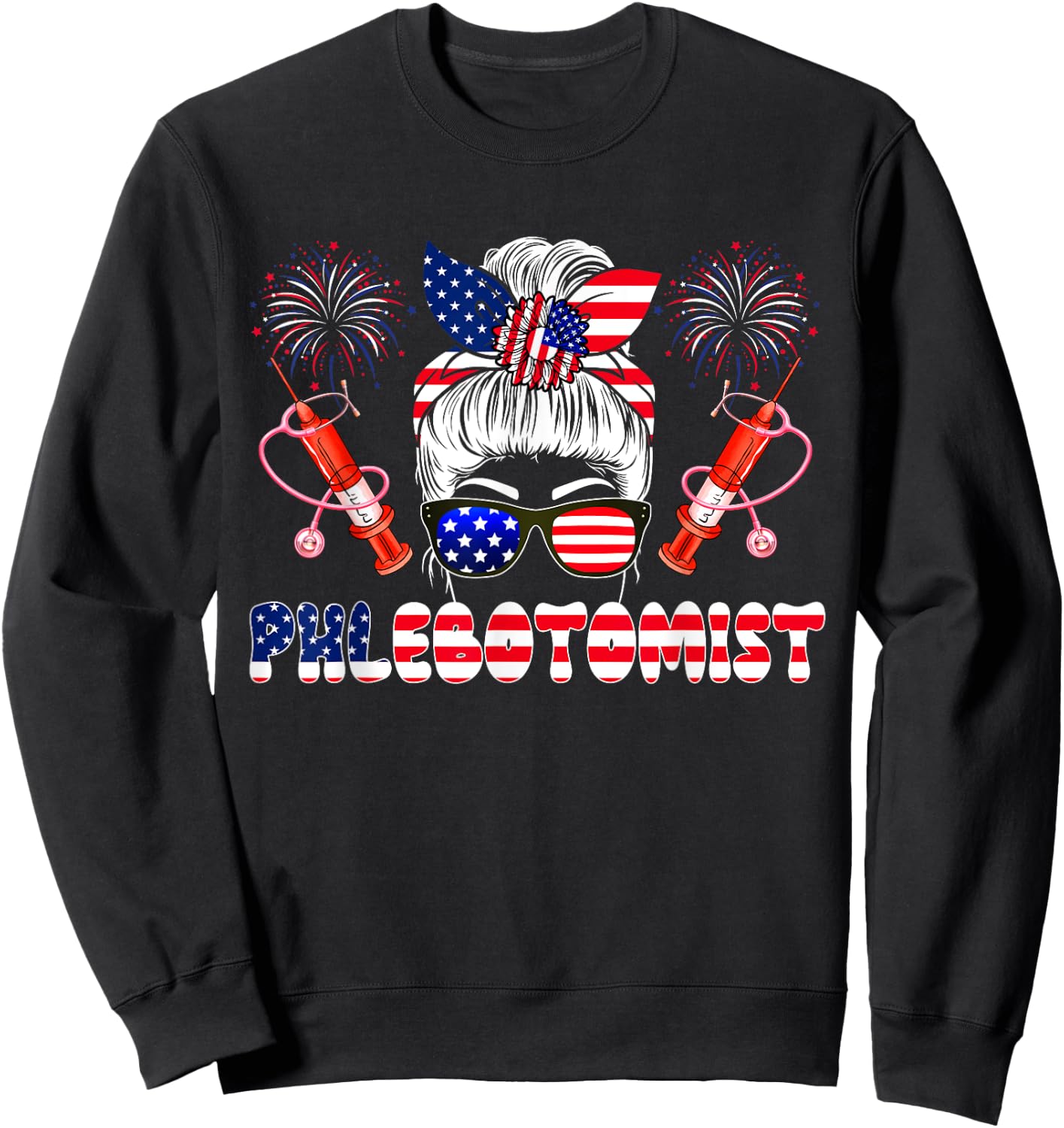 Phlebotomist 4th Of July Woman Bow Tie American Flag Lover Sweatshirt - Sweatshirt | Black