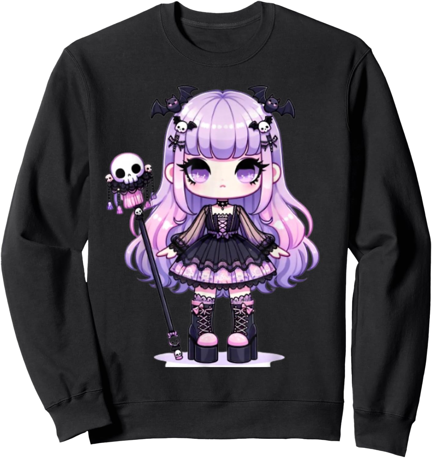 Lilac Chibi Pastel Goth Girl Kawaii Creepy Cute Anime Sweatshirt - Sweatshirt | Black