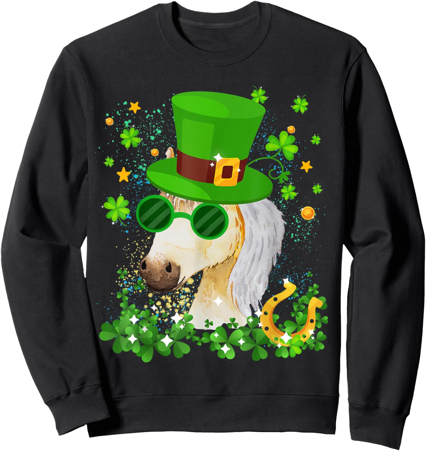 St Patricks Day Lucky Shamrock Cute Famer Horse Girls Kids Sweatshirt - Sweatshirt | Black