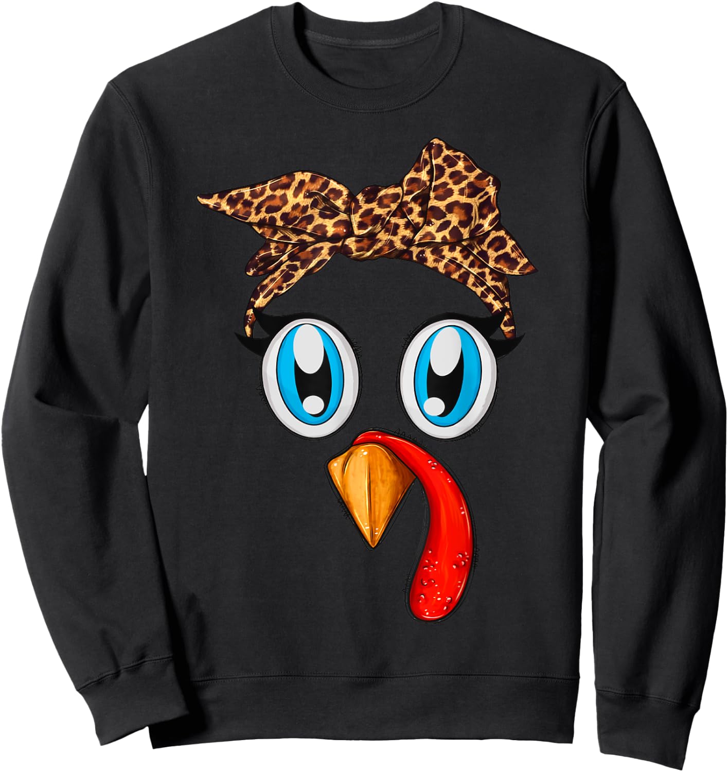 Cute Turkey Face Bandana Leopard Thanksgiving Women Girls Sweatshirt - Sweatshirt | Black