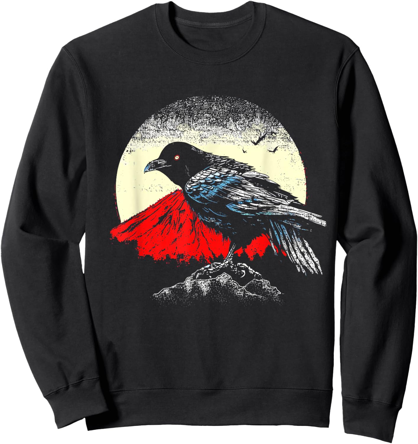 Japanese Art Black Crow Raven Red Moon - Retro Bird Sweatshirt - Sweatshirt | Black