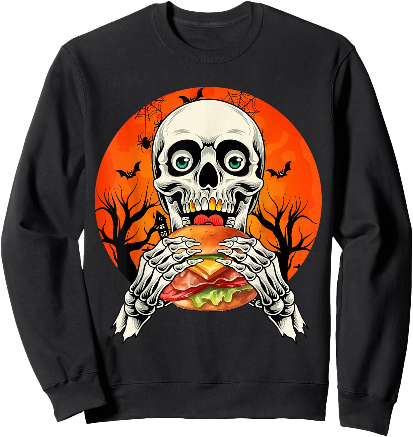 Horror Skeleton Eating Hamburger Halloween Costume Foodies Sweatshirt - Sweatshirt | Black