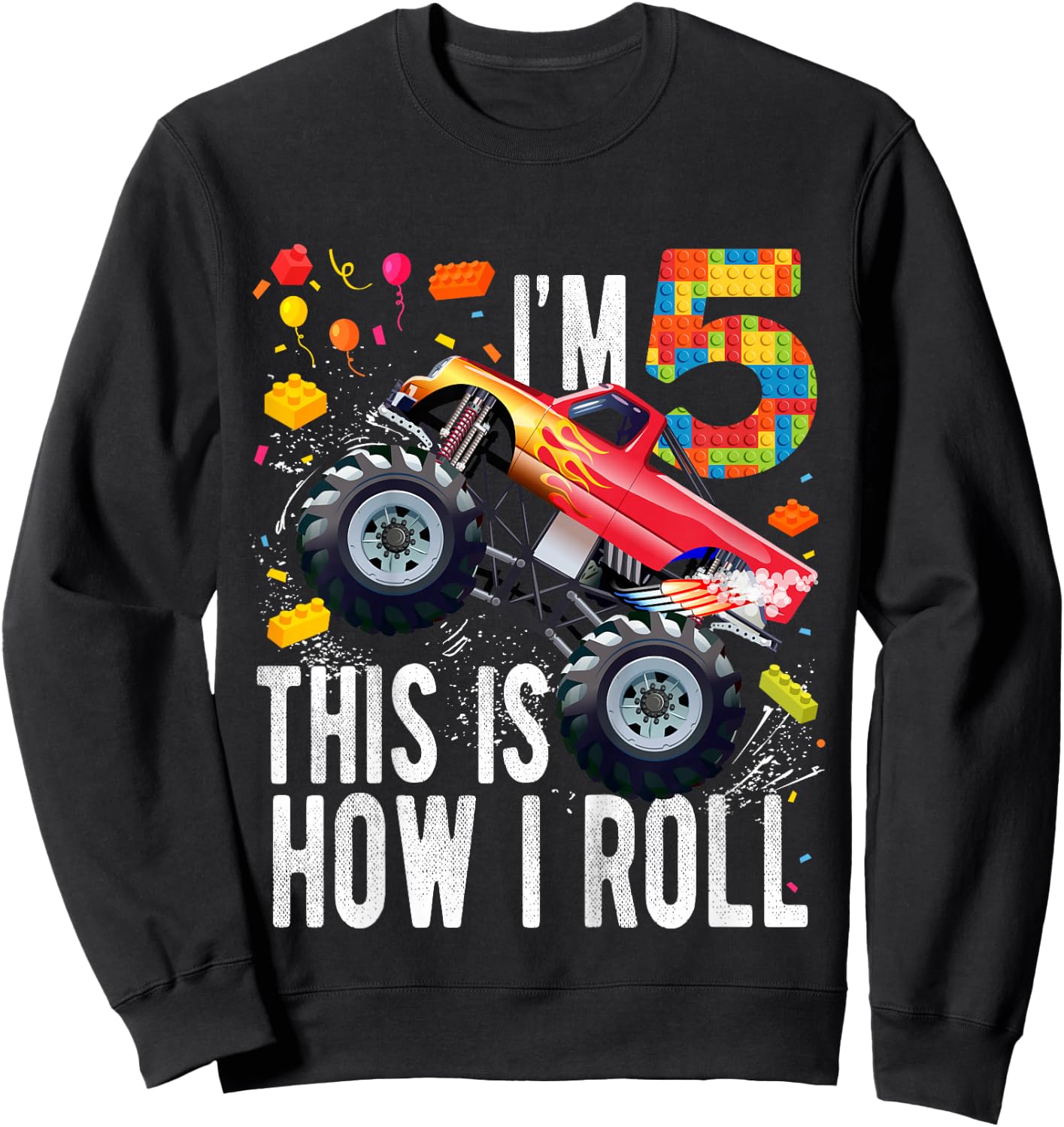 Kids 5 Year Old Building Blocks Monster Truck 5th Birthday Boy Sweatshirt - Sweatshirt | Black